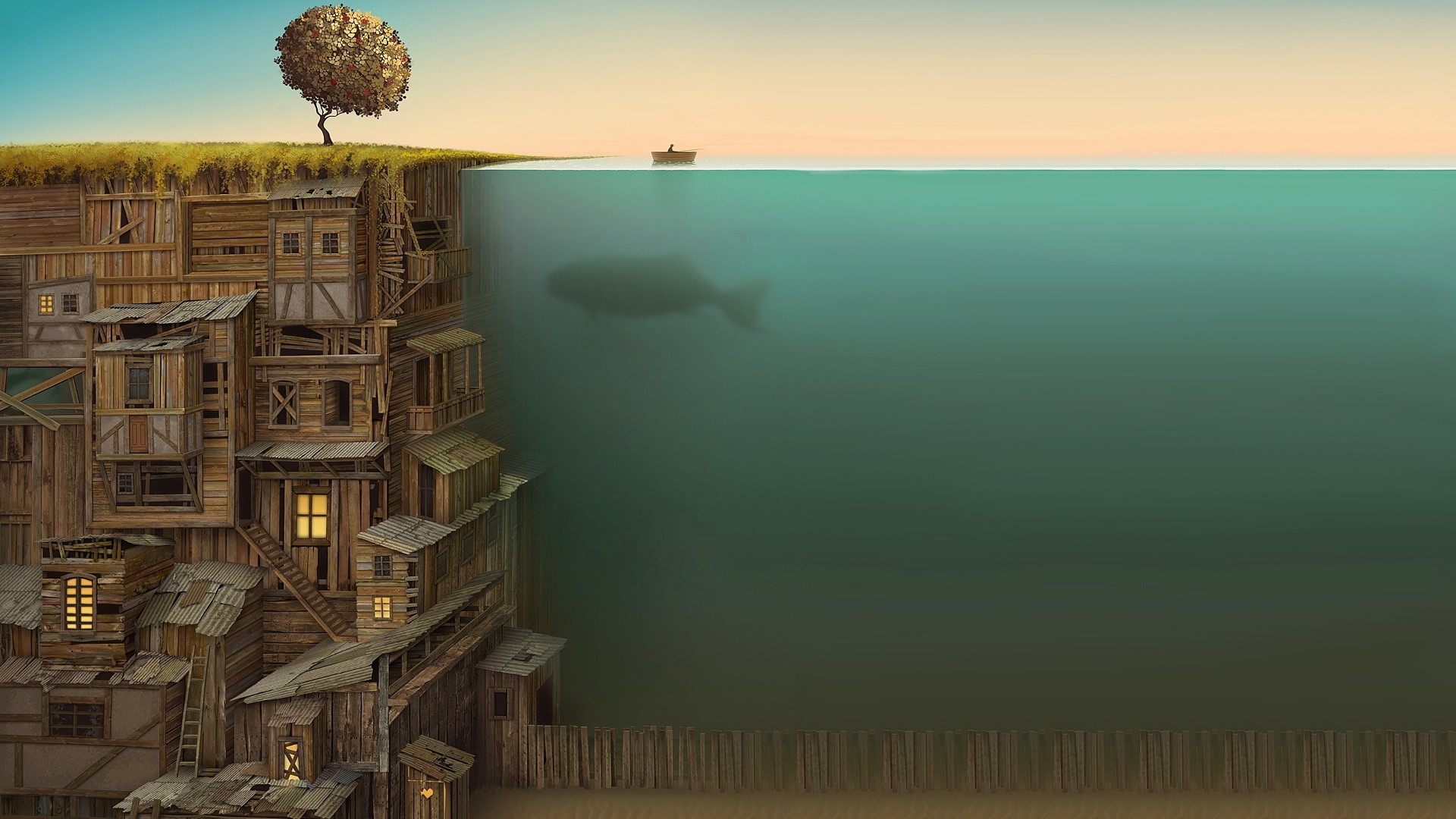 Cliffside village overlooking the ocean with a whale HD Wallpaper