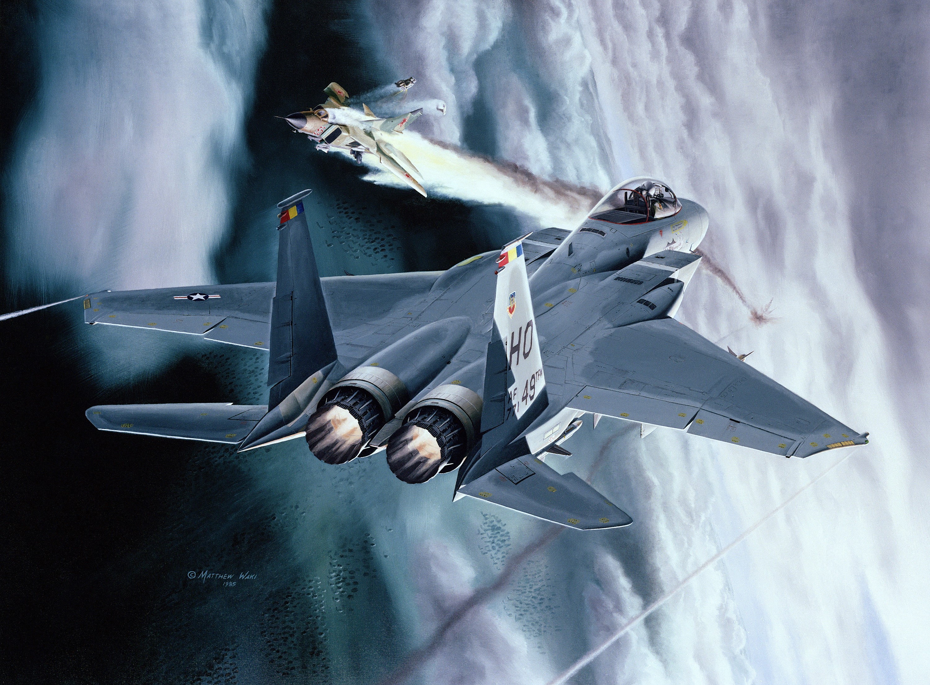 F-15 Eagle and MiG-29 in aerial combat HD Wallpaper
