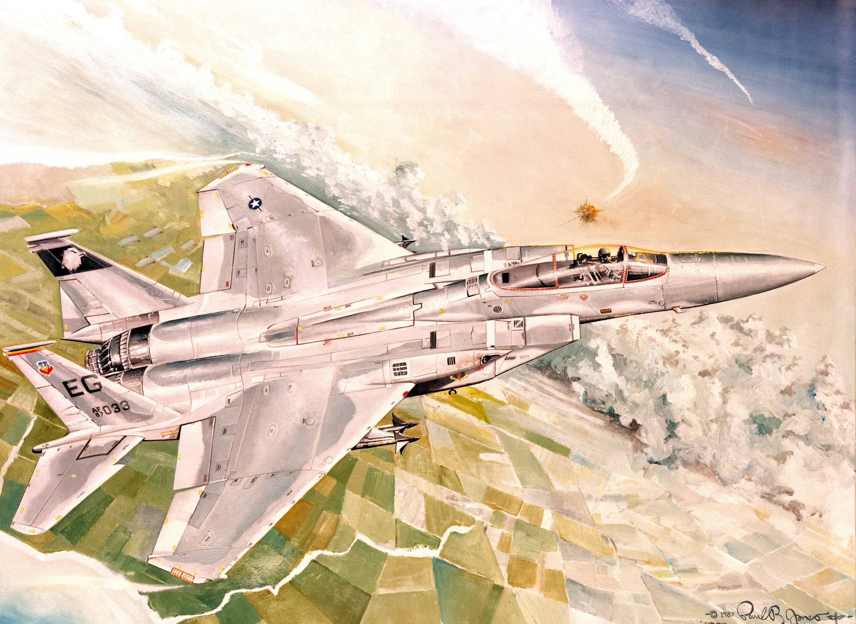 F-15 Eagle fighter jet in flight over farmland HD Wallpaper
