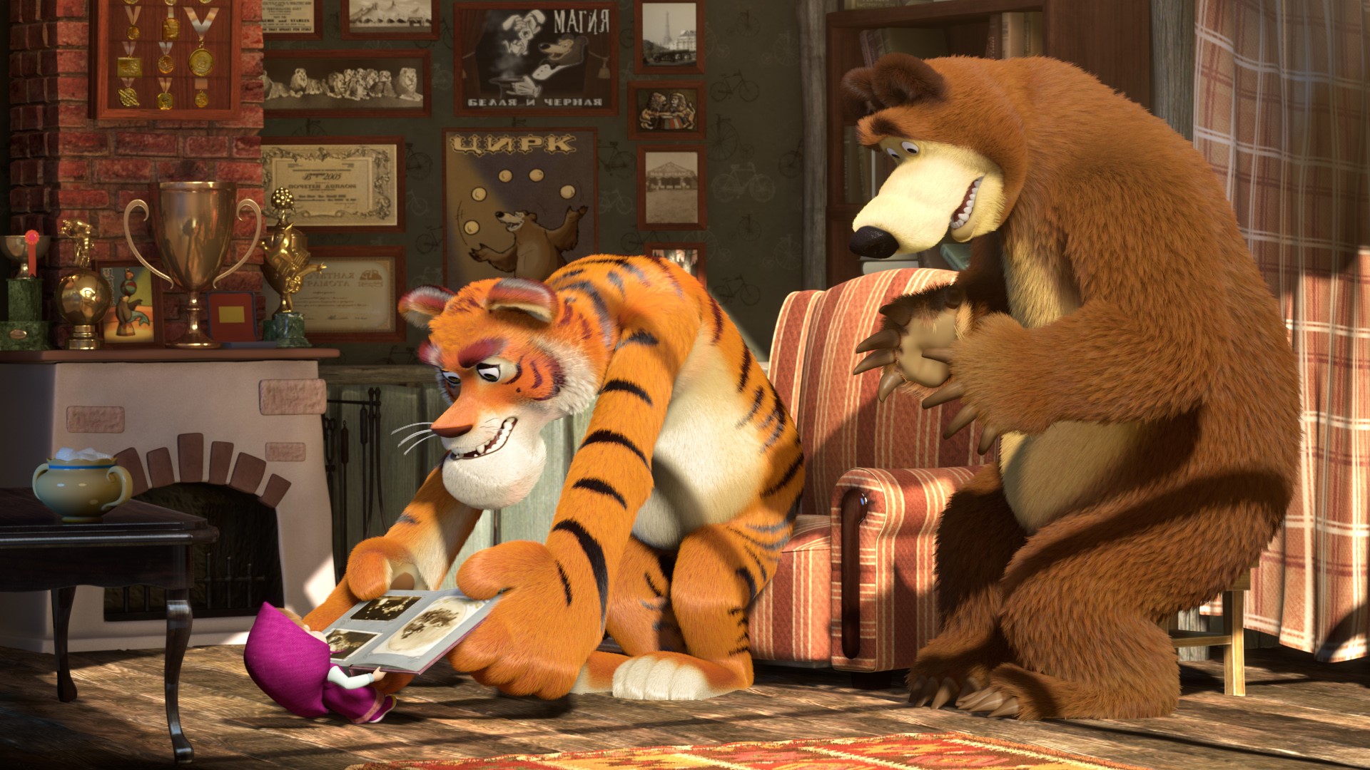 Masha and the Bear looking at a photo album HD Wallpaper