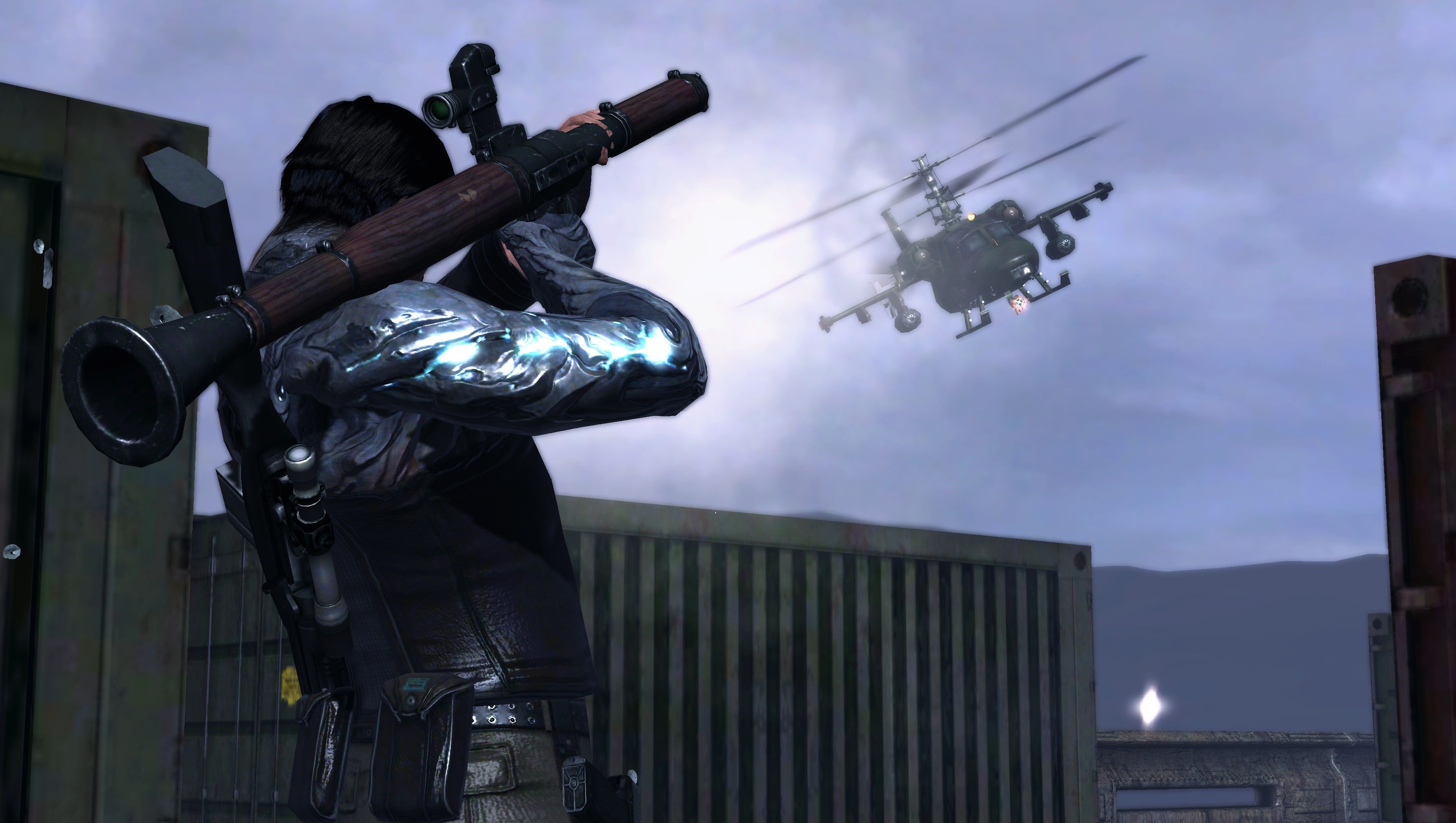 Soldier aiming rocket launcher at helicopter in Dark Sector HD Wallpaper