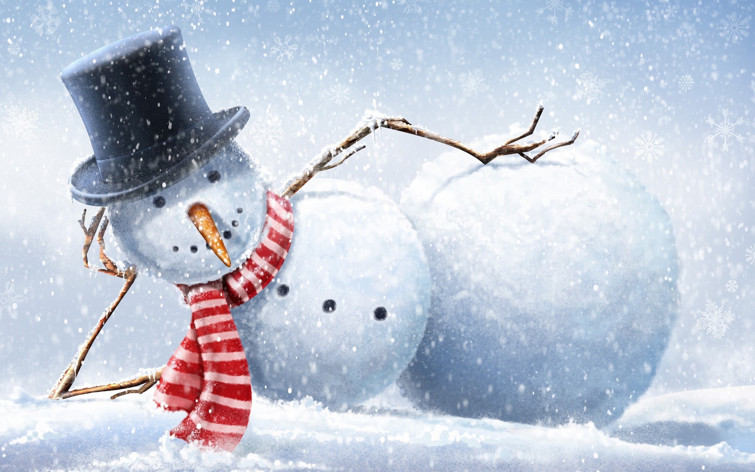 Snowman with top hat and scarf in snow HD Wallpaper
