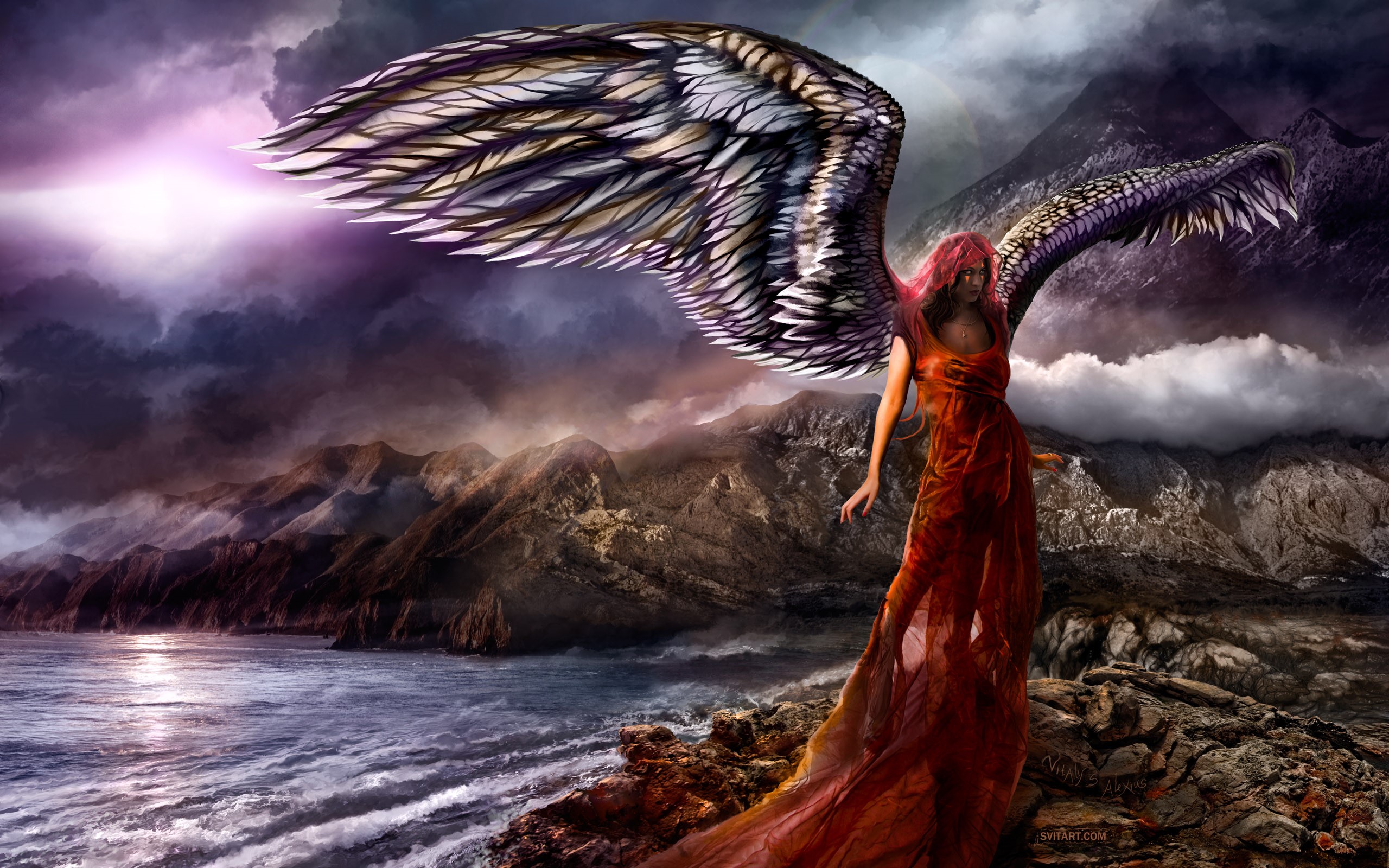 Angel with large wings in a red dress HD Wallpaper