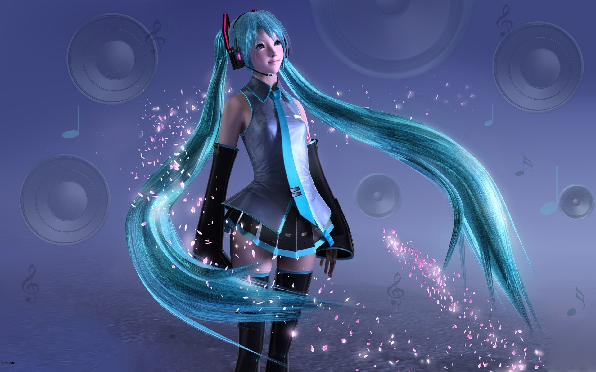 Hatsune Miku from Vocaloid with music notes and speakers HD Wallpaper