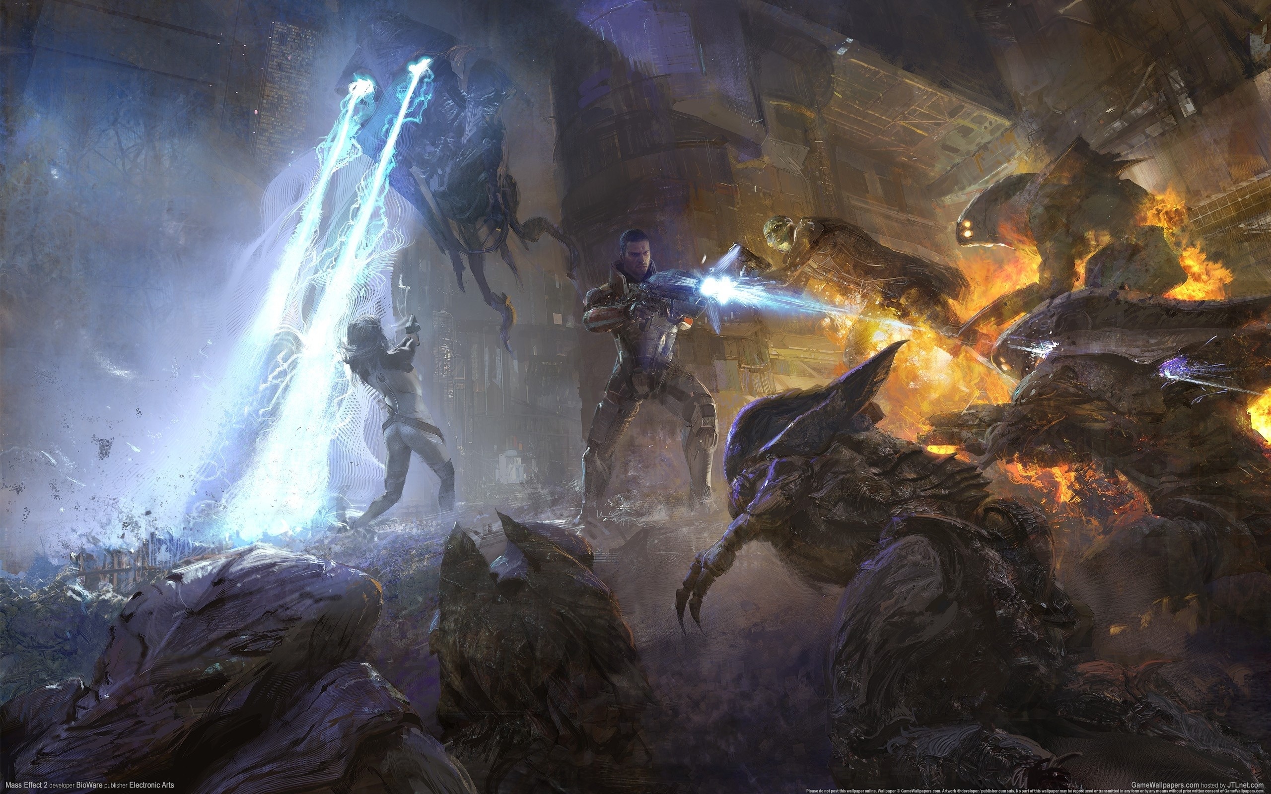 Mass Effect 2 characters fighting large alien creatures HD Wallpaper