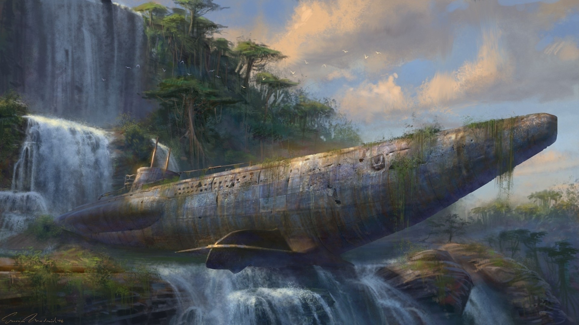 Abandoned submarine in a jungle waterfall HD Wallpaper