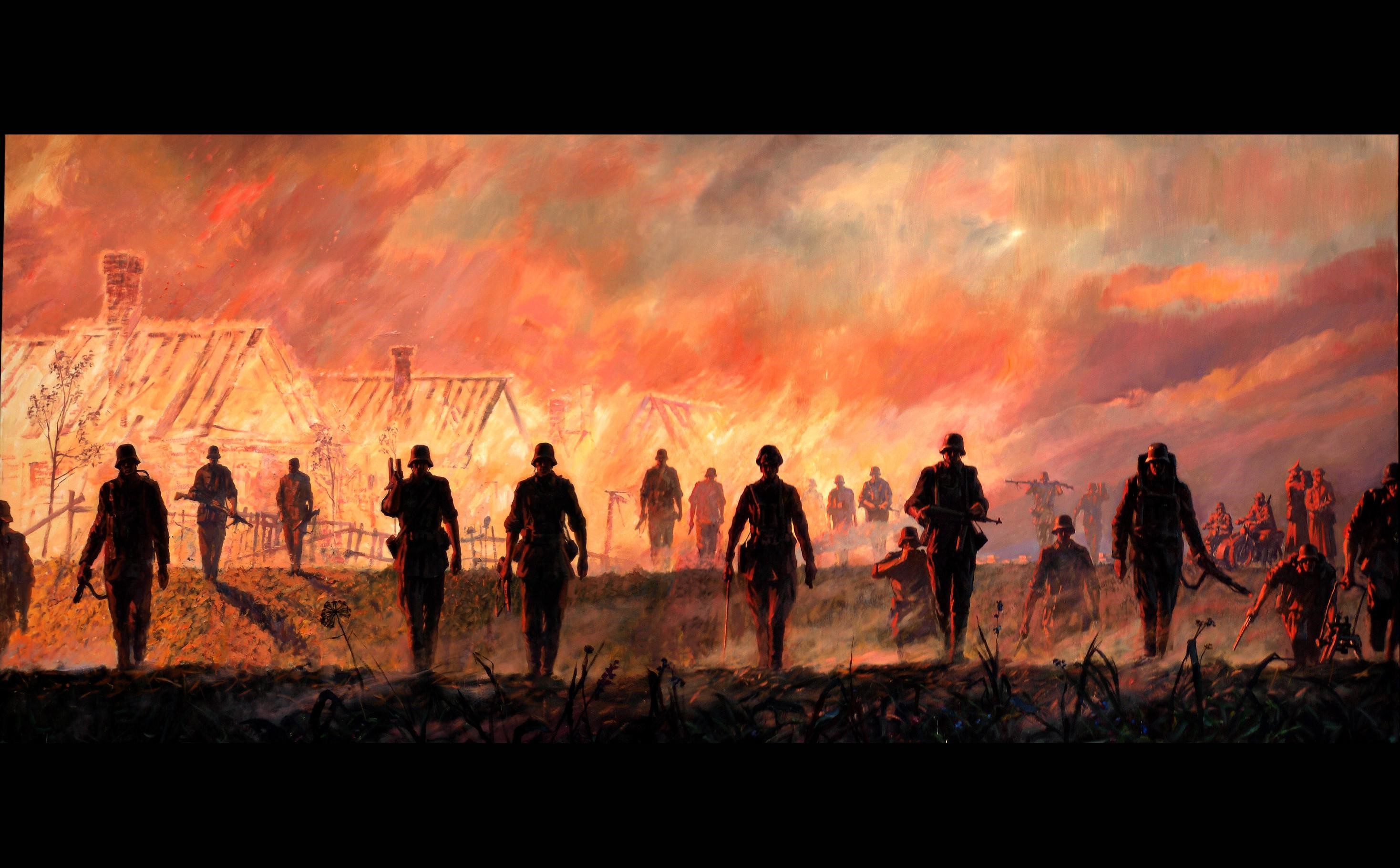 Soldiers walking through burning village HD Wallpaper