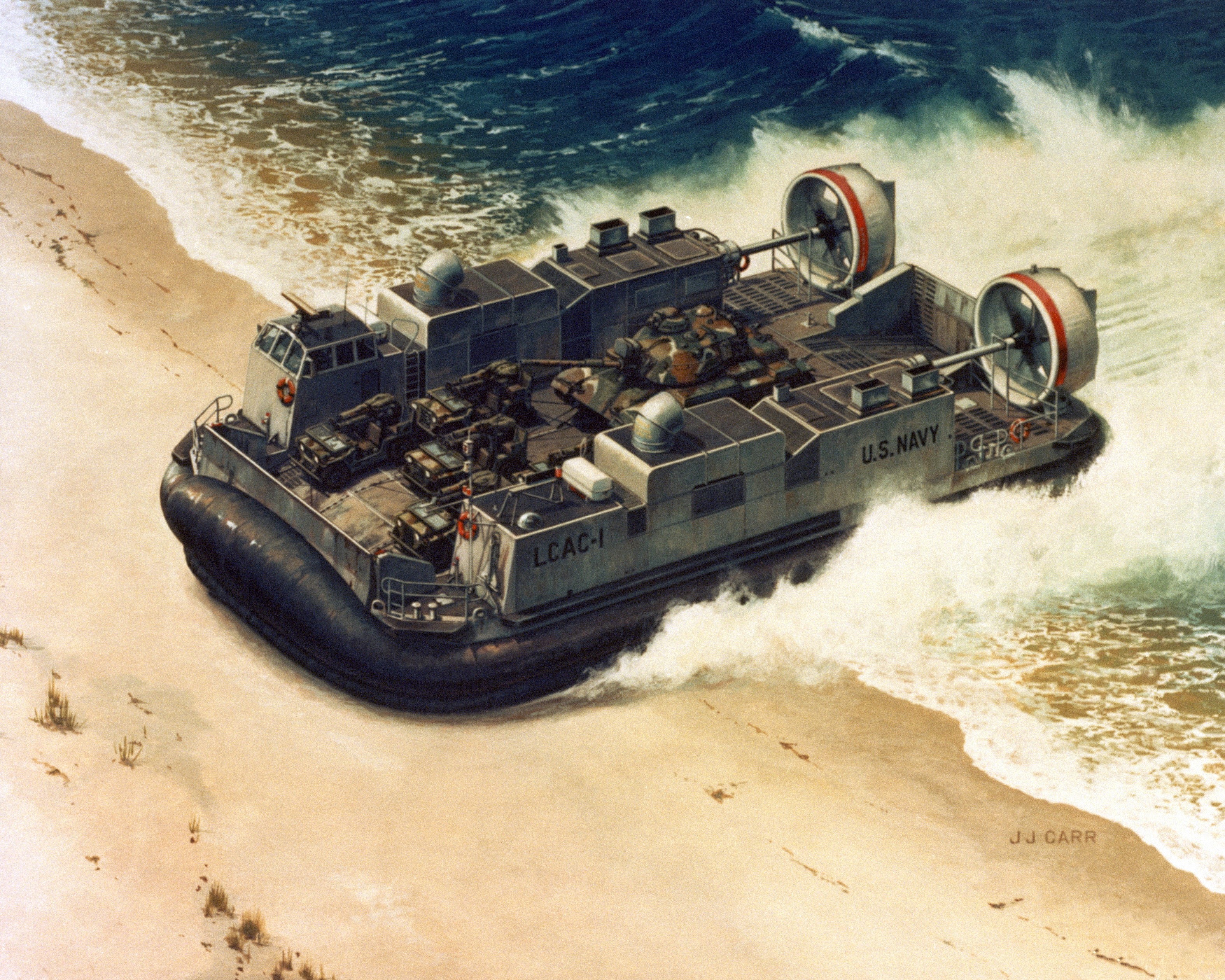 US Navy LCAC-1 hovercraft landing on a beach with a tank HD Wallpaper