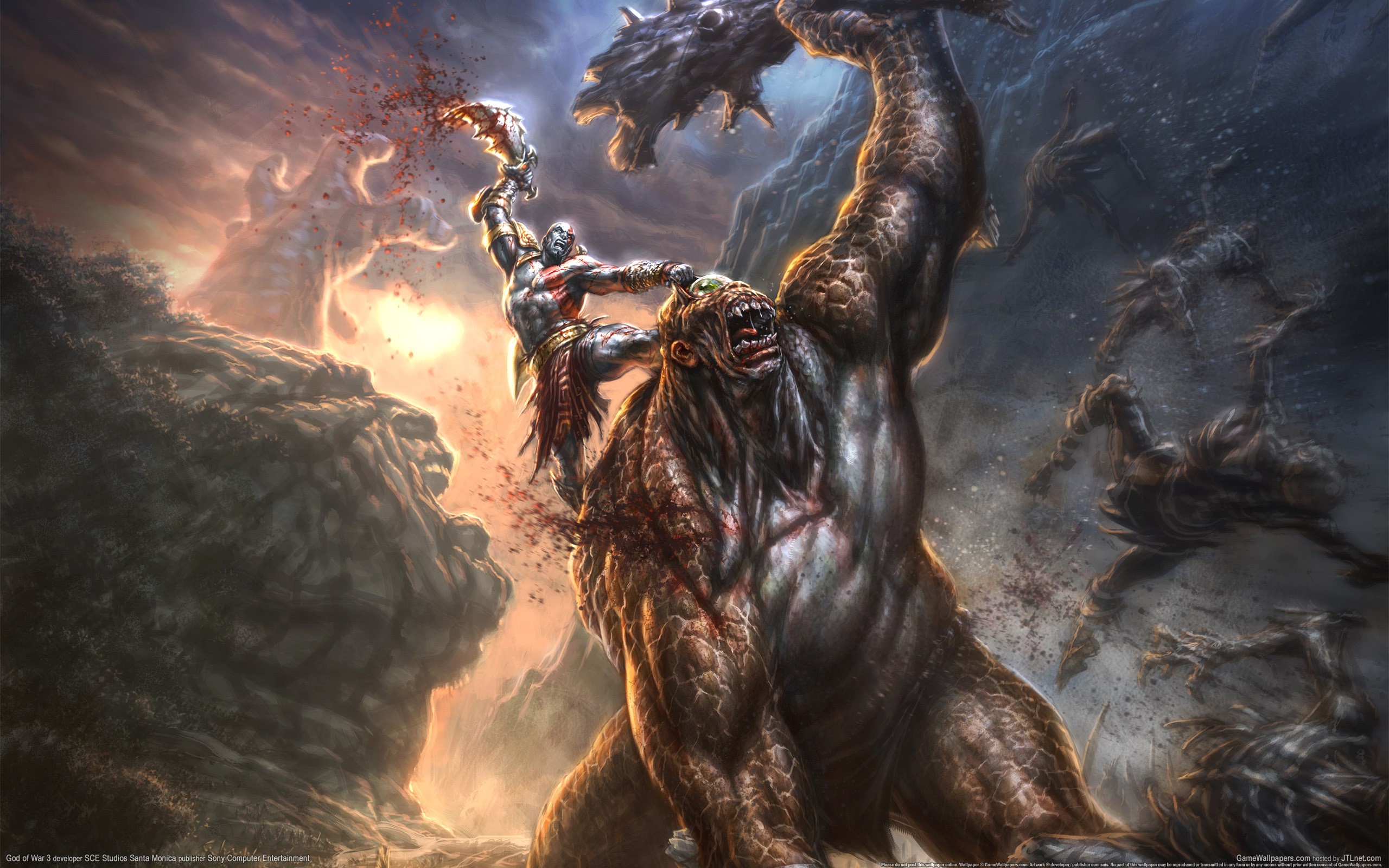 Kratos fighting a cyclops in God of War HD Wallpaper