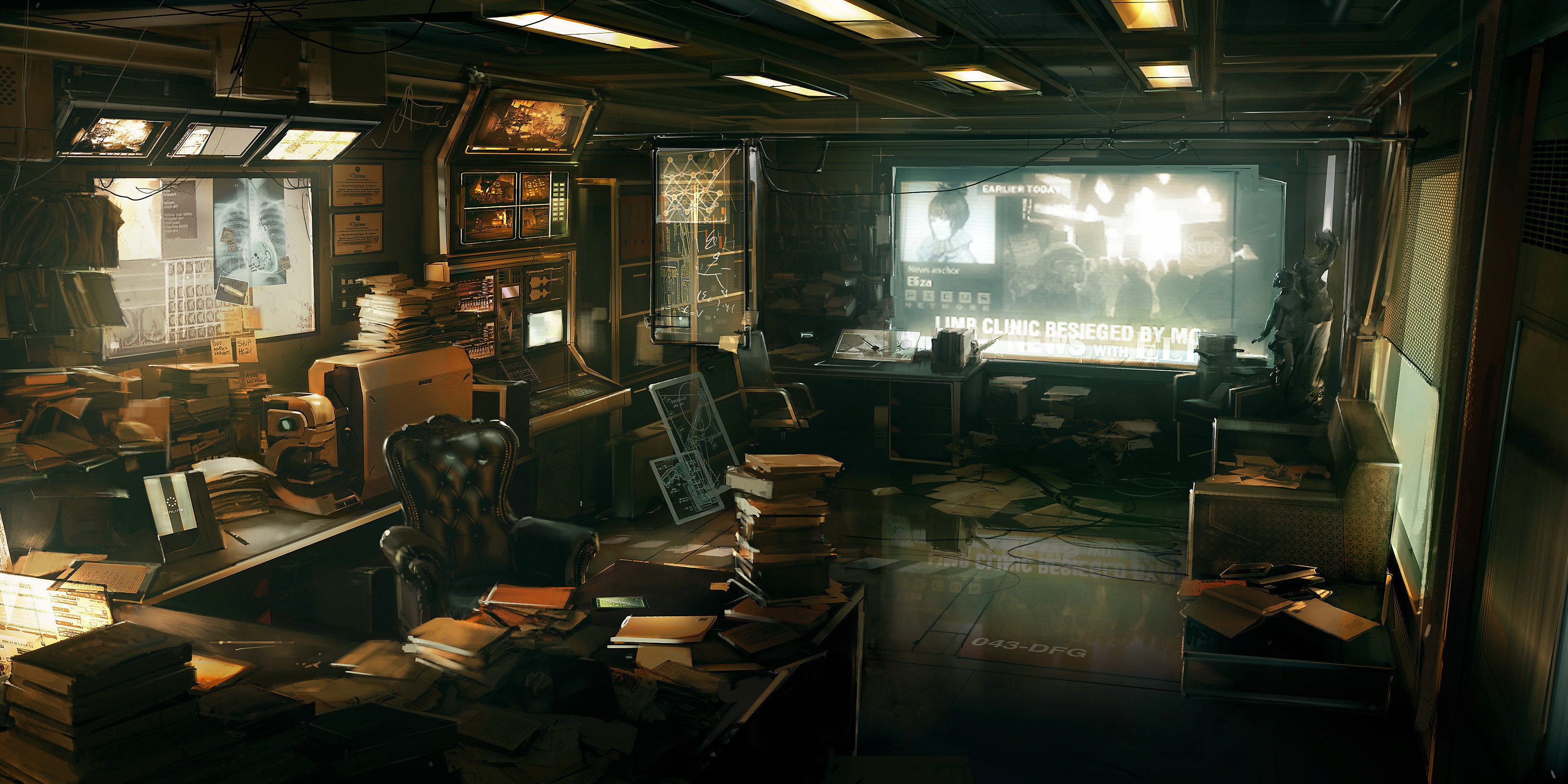 Deus Ex: Human Revolution cluttered office with screens HD Wallpaper