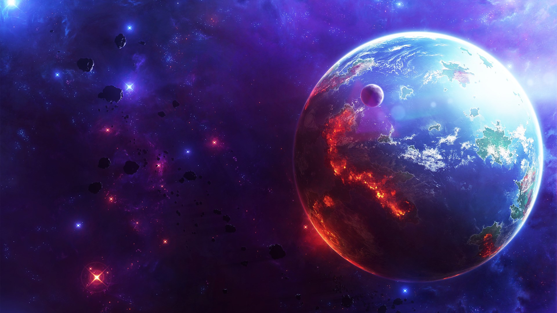 Planet with moon in colorful nebula with asteroids HD Wallpaper