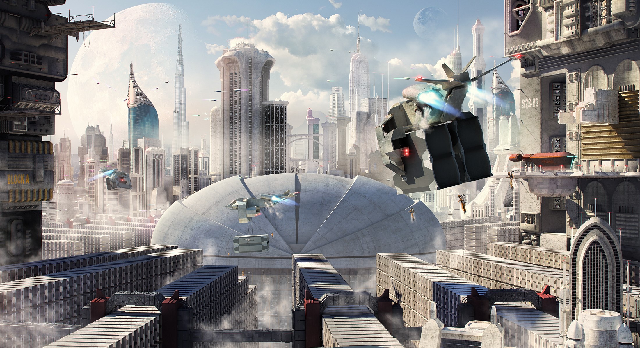 Futuristic Cityscape with Flying Vehicles and Large Moon HD Wallpaper