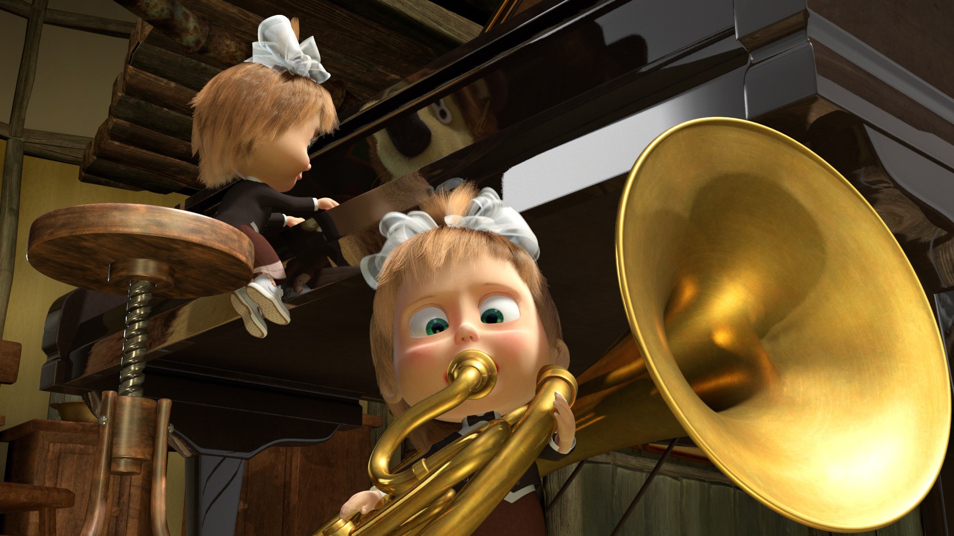 Masha and the Bear playing instruments HD Wallpaper