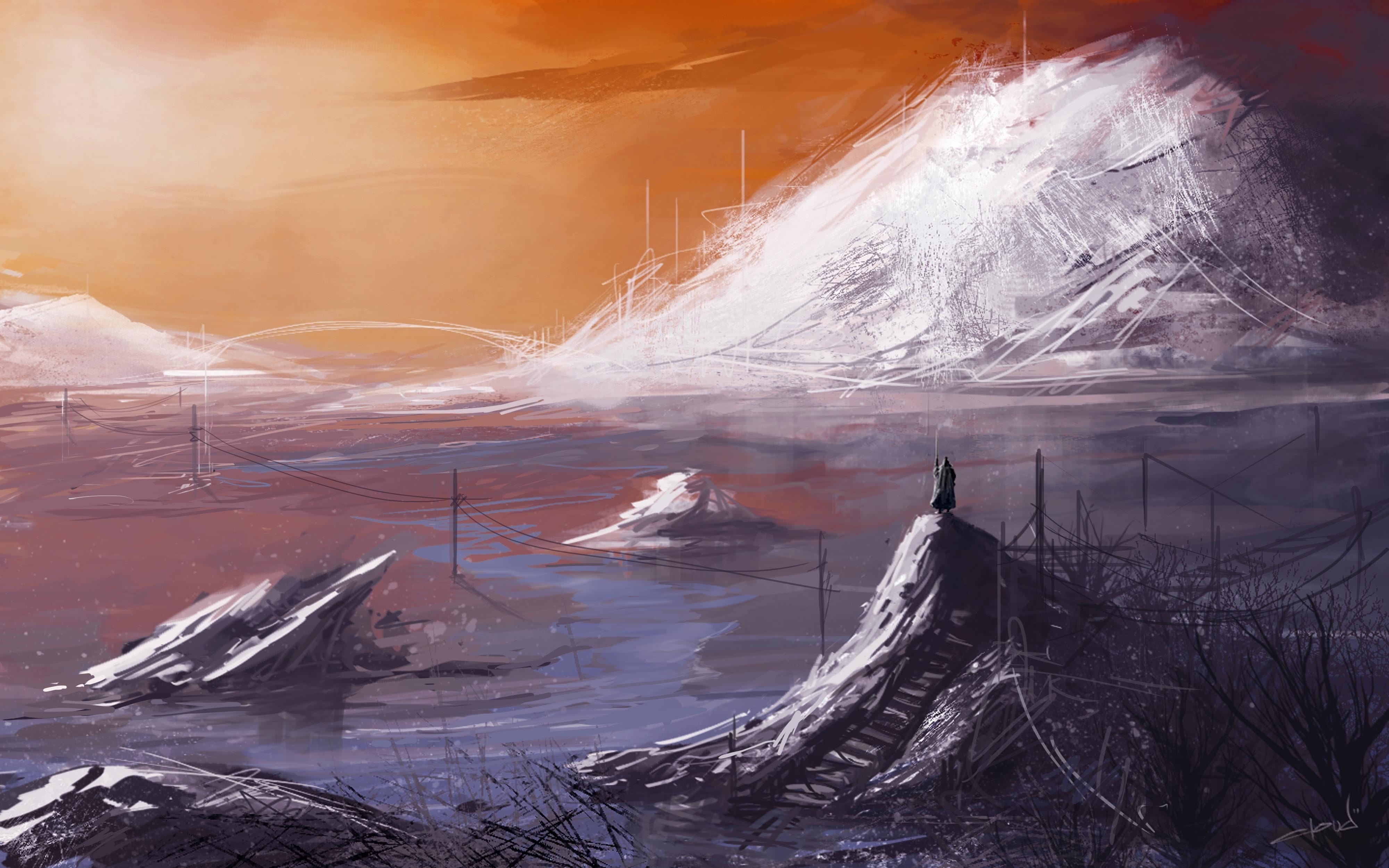 Fantastic world with a lone figure on a hill HD Wallpaper