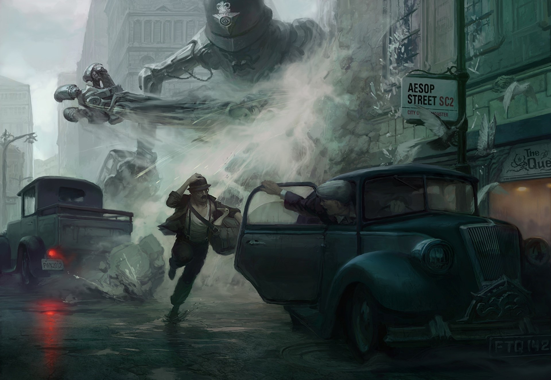 Giant Robot Attacks City Street with People Fleeing HD Wallpaper