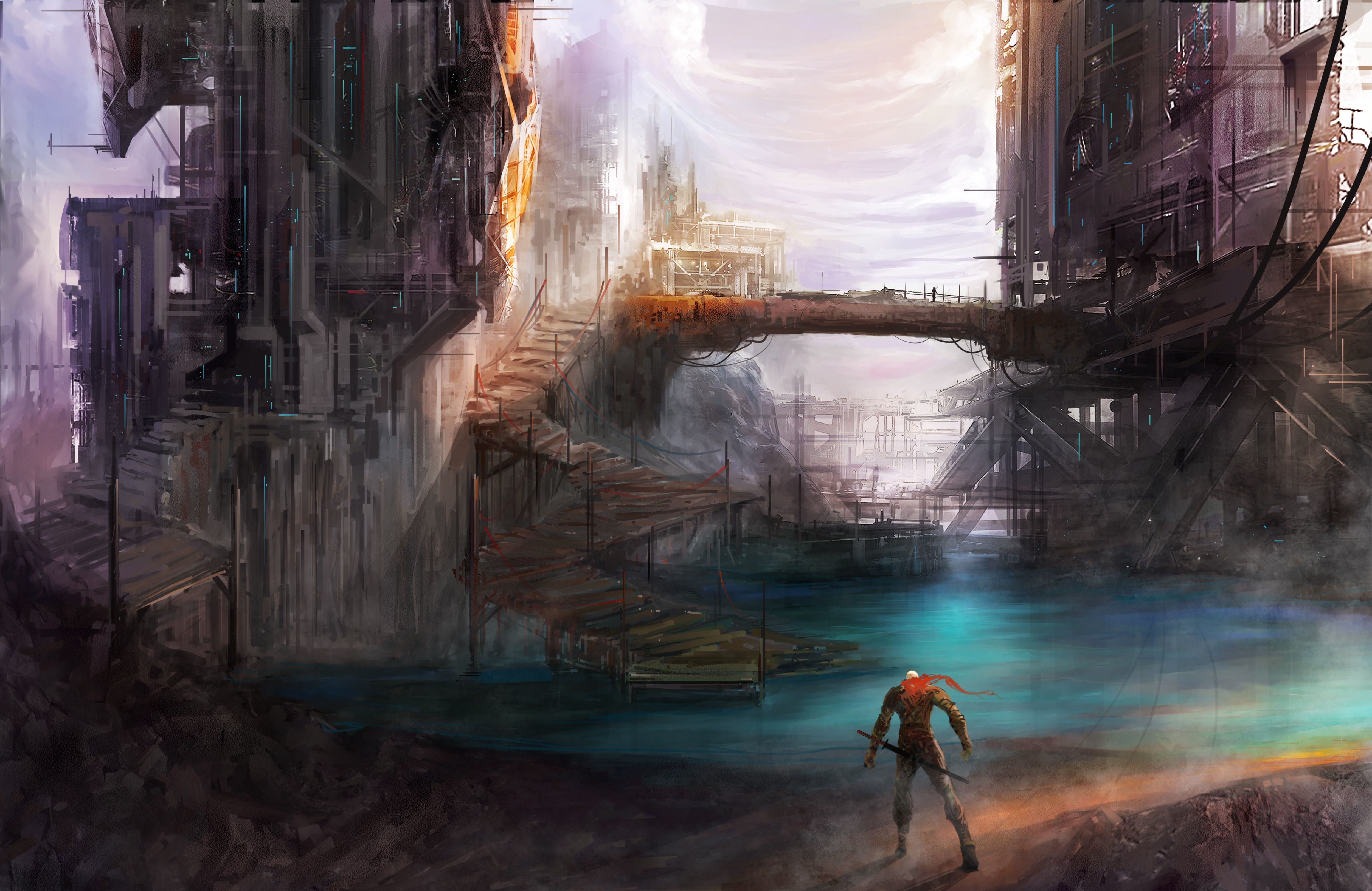 Fantastic world with a warrior and futuristic city HD Wallpaper