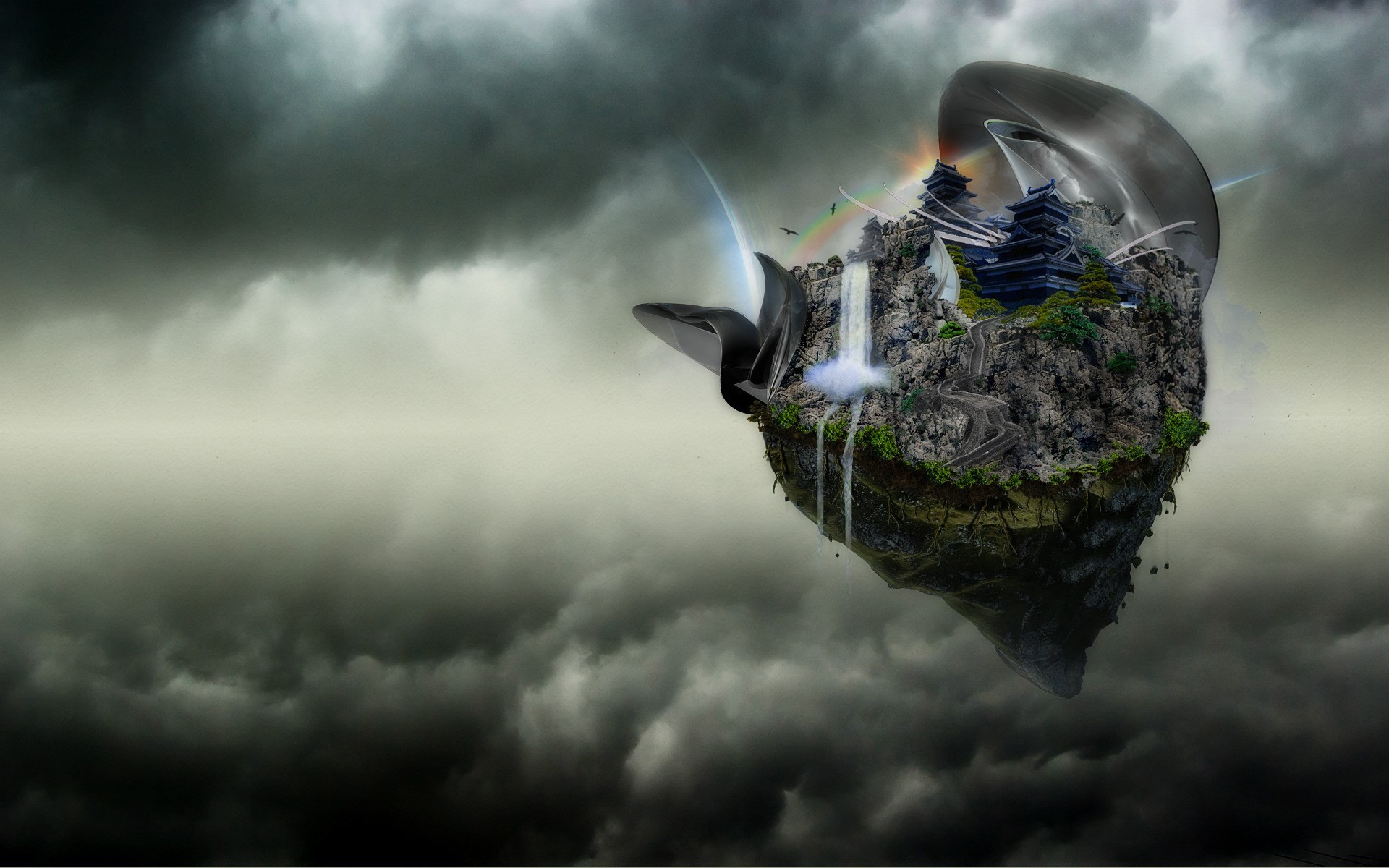 Floating island with Japanese castles and waterfalls HD Wallpaper