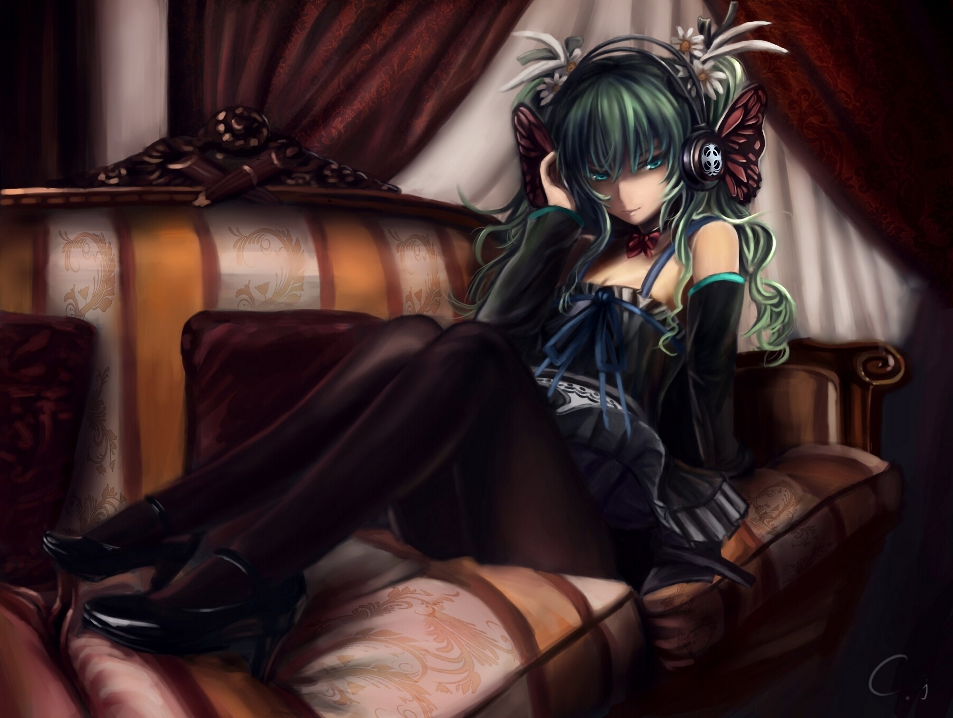 Hatsune Miku from Vocaloid sitting on a couch HD Wallpaper