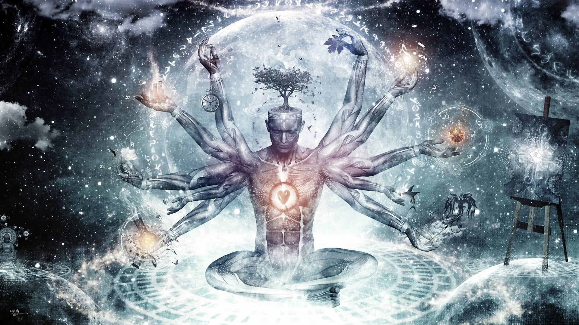 Cosmic Being with Multiple Arms and Tree Growing from Head HD Wallpaper