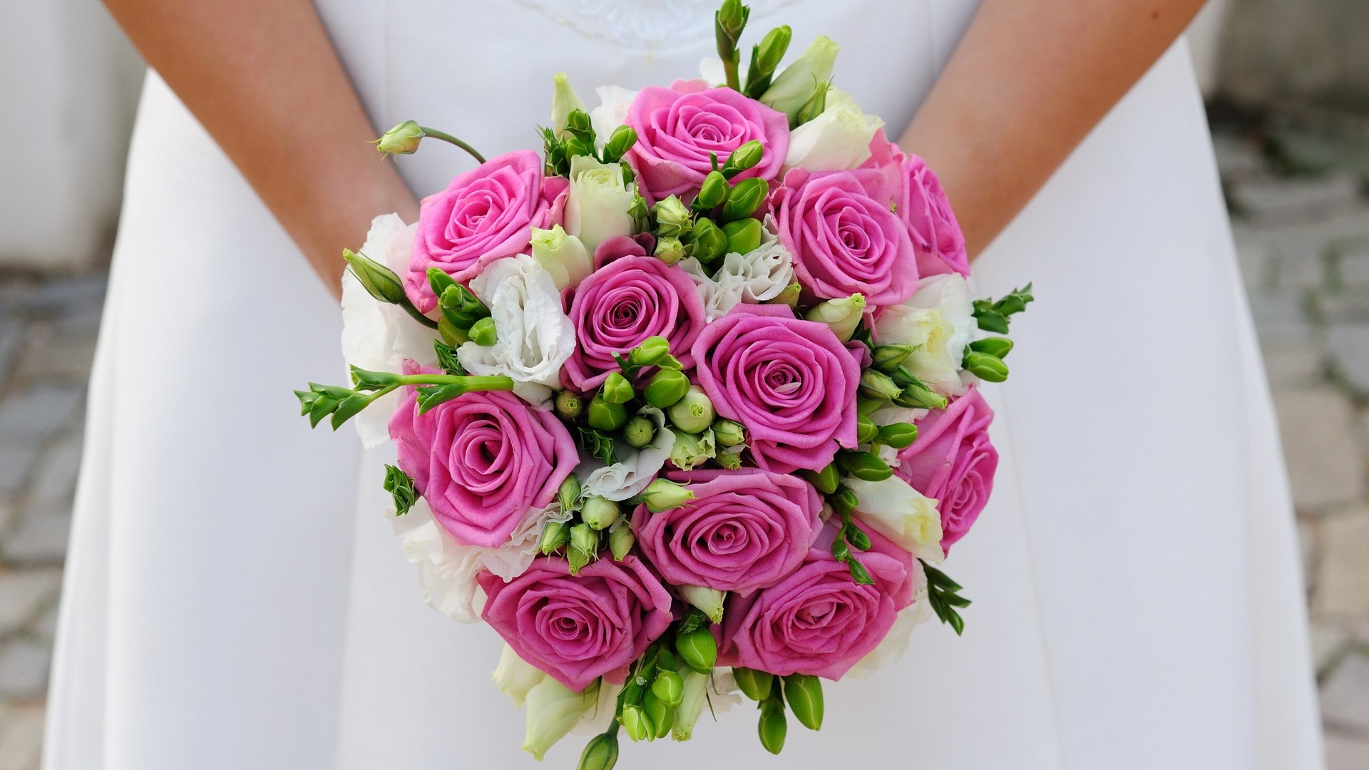 Bride holding pink and white rose bouquet HD Wallpaper
