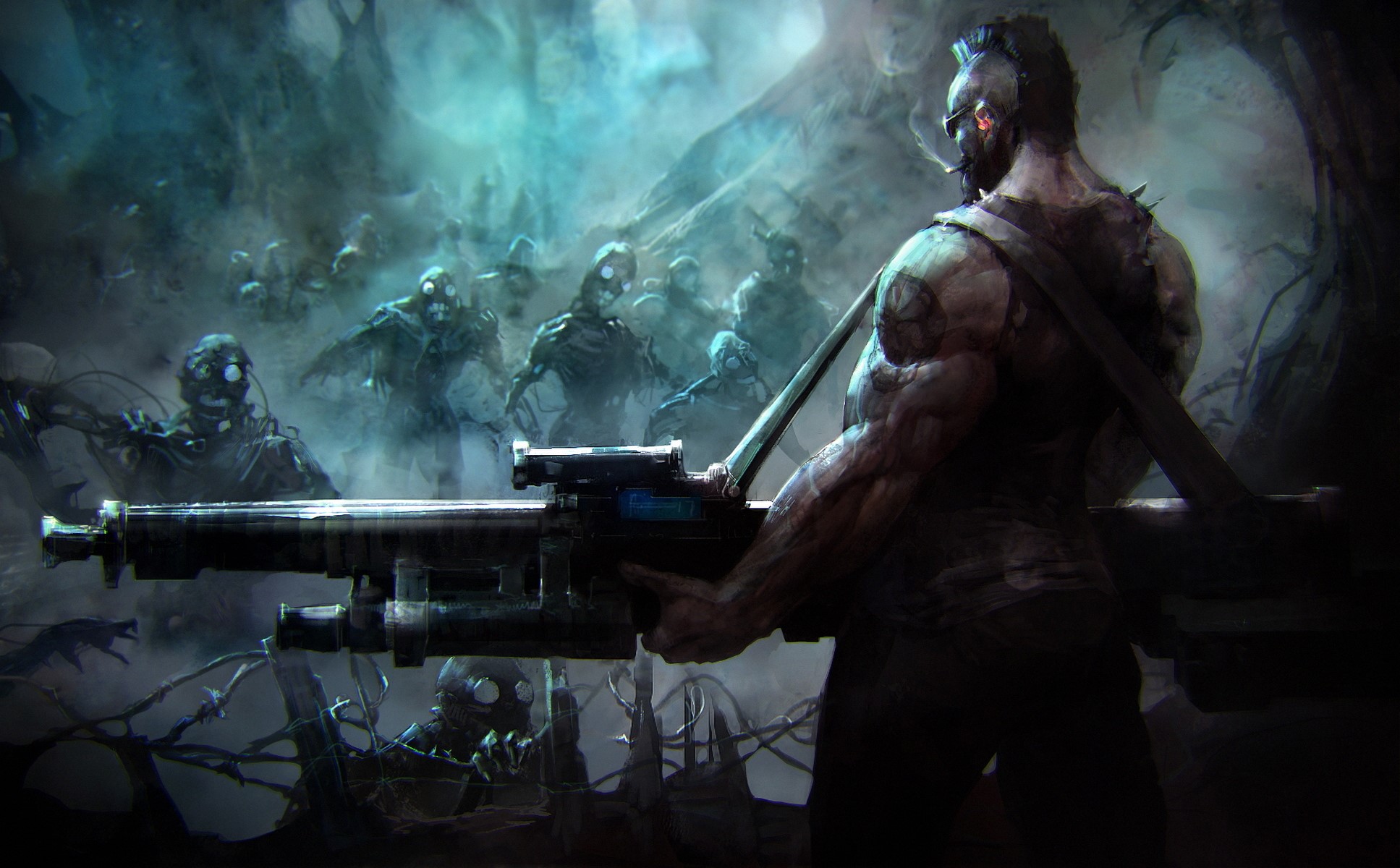 Muscular warrior with mohawk holding a large gun facing zombies HD Wallpaper