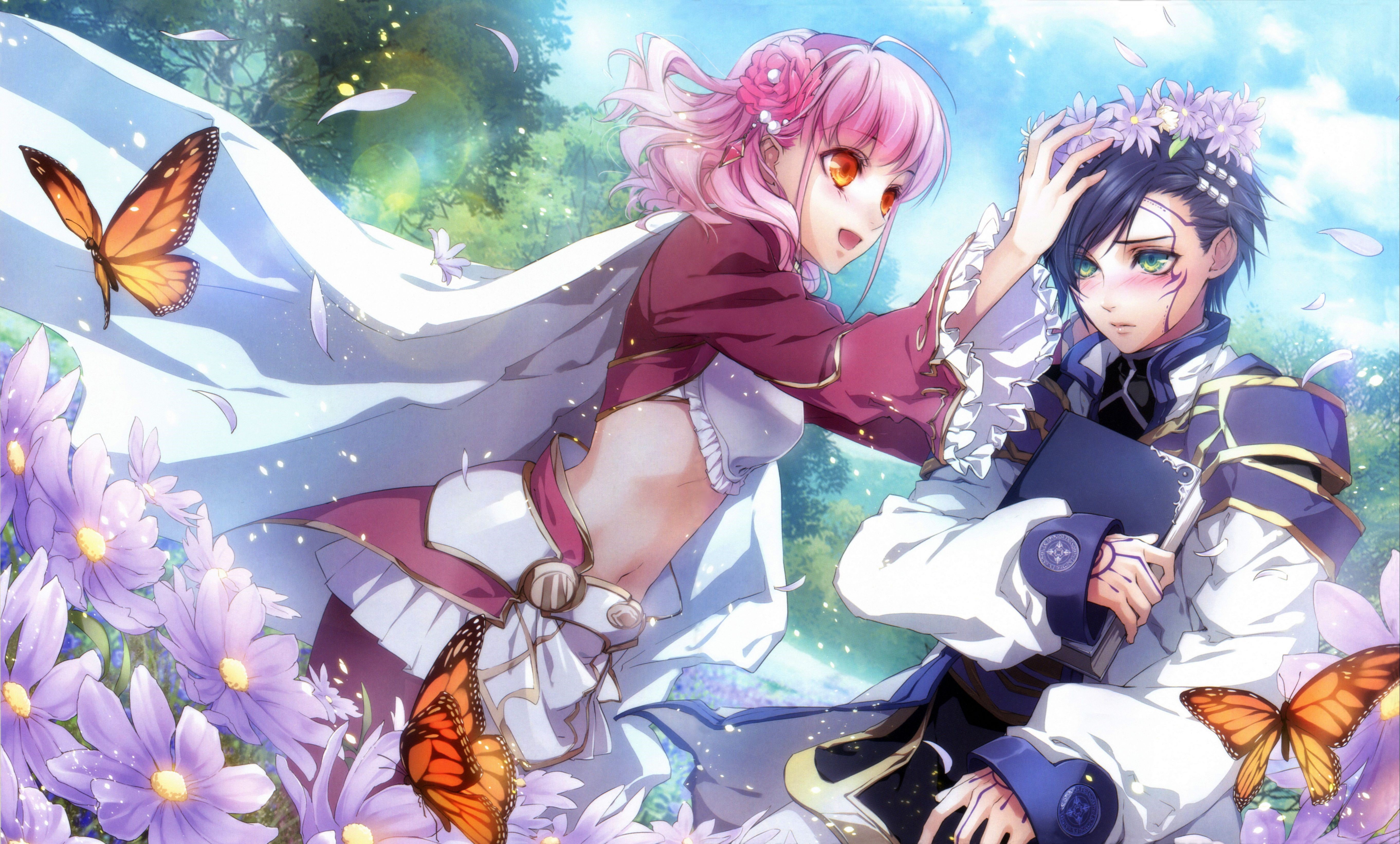 Anime couple in a flower field with butterflies HD Wallpaper