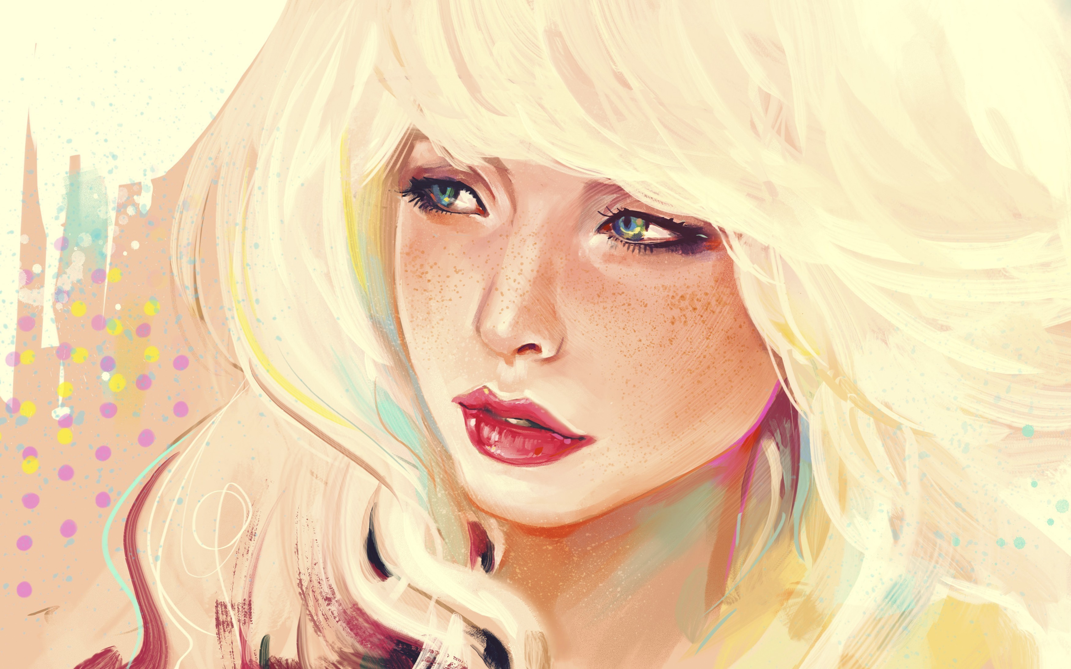 Digital painting of a woman with blonde hair and freckles HD Wallpaper