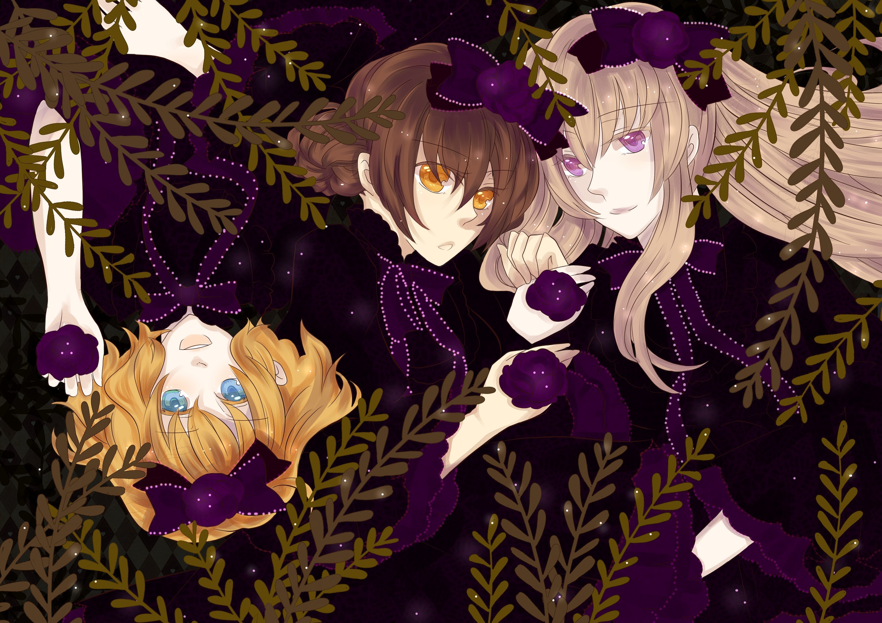 Three girls in dark dresses with purple flowers HD Wallpaper