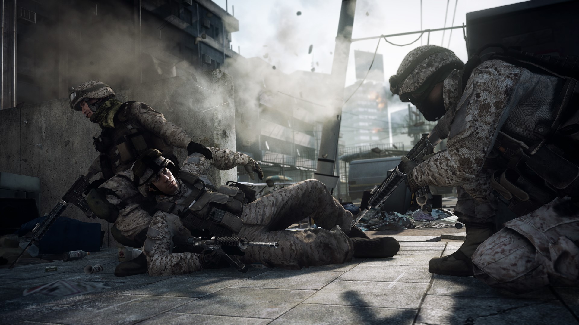 Soldiers in a destroyed urban environment HD Wallpaper