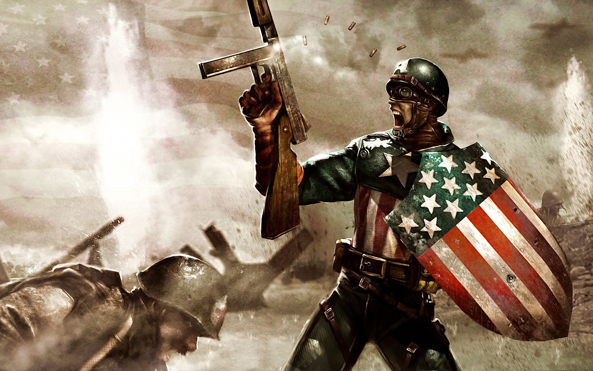 Captain America in battle with a submachine gun HD Wallpaper