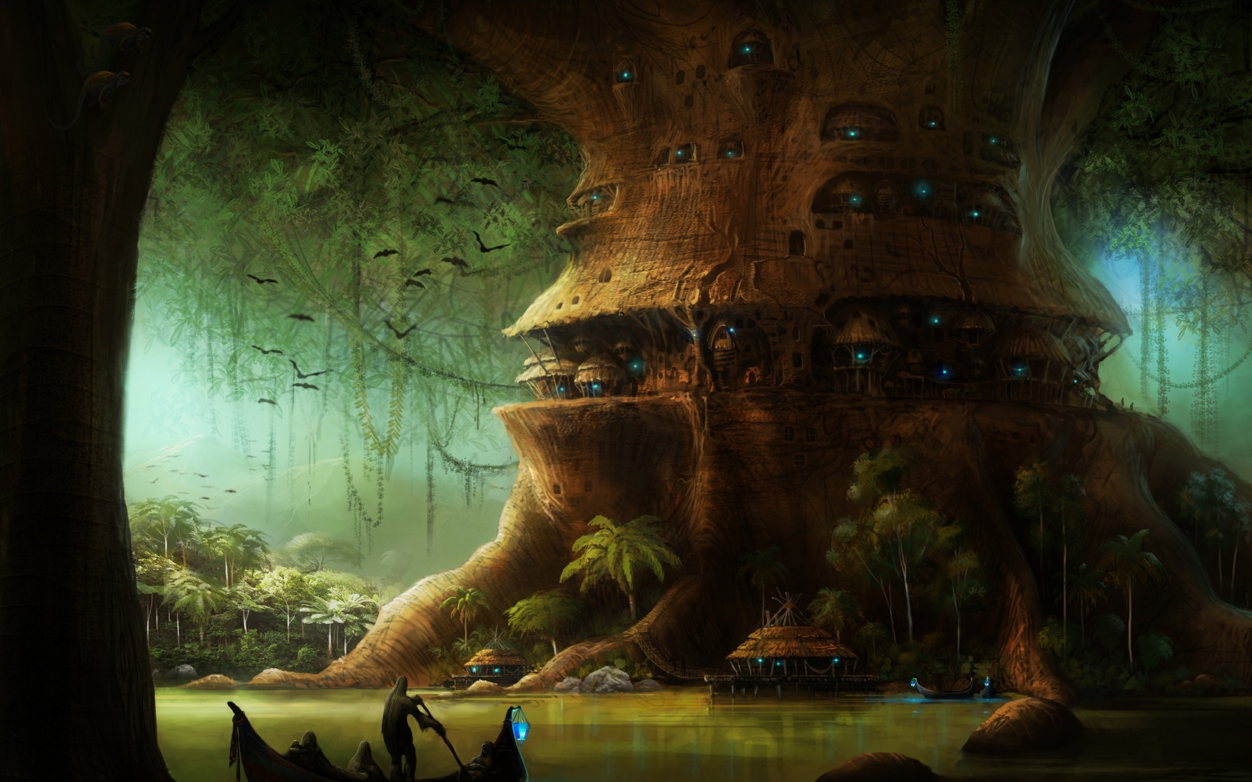 Fantasy tree village with boats on a river HD Wallpaper