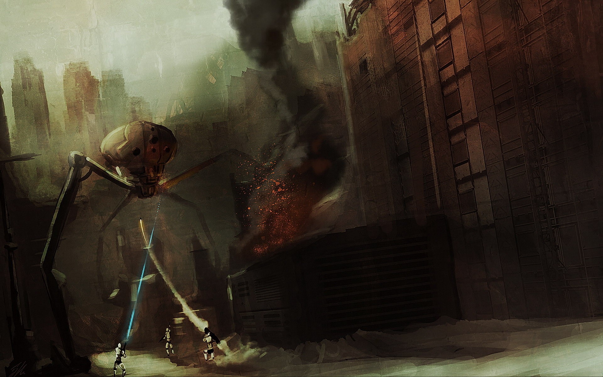 Giant robot attacking soldiers in a destroyed city HD Wallpaper