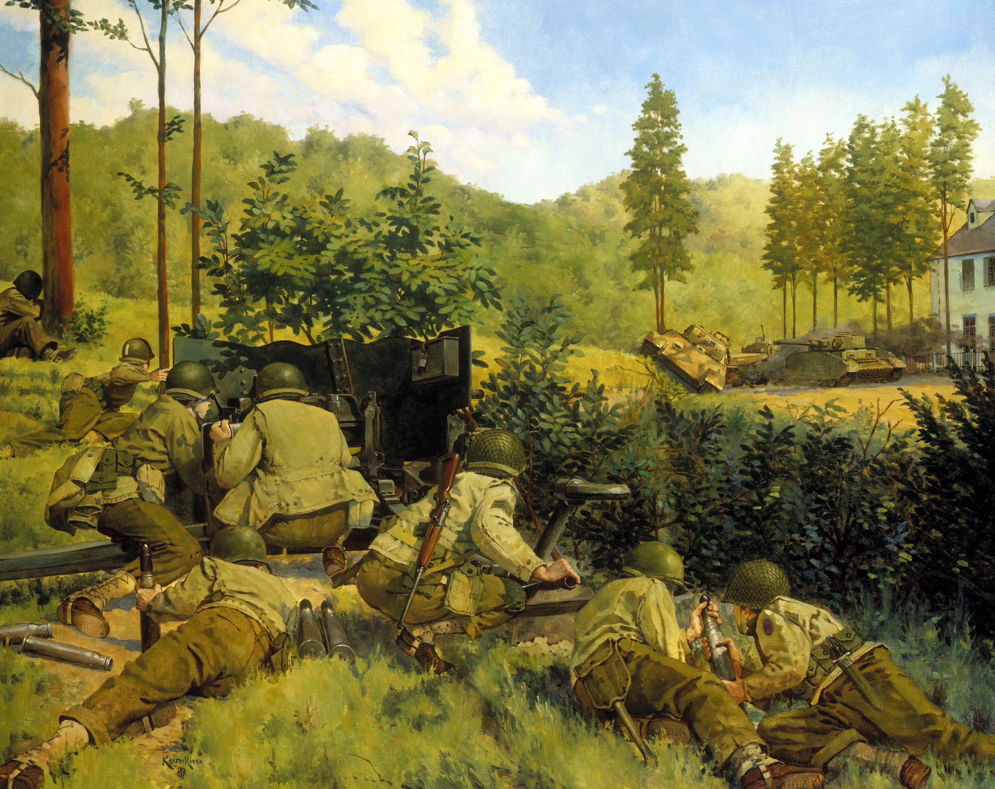 Soldiers operating a cannon with tanks in background HD Wallpaper