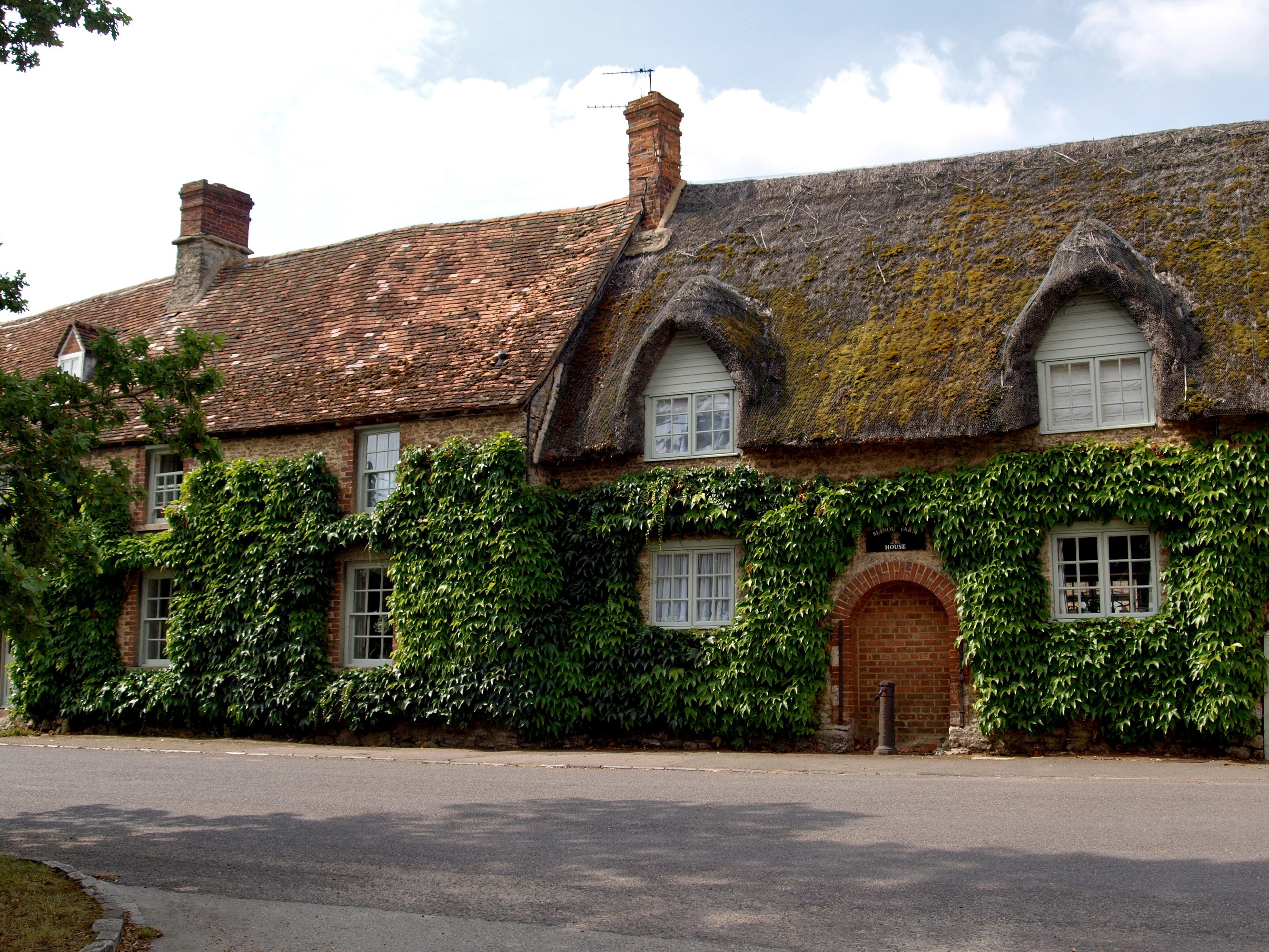 Thatched roof cottage covered in ivy in the United Kingdom HD Wallpaper