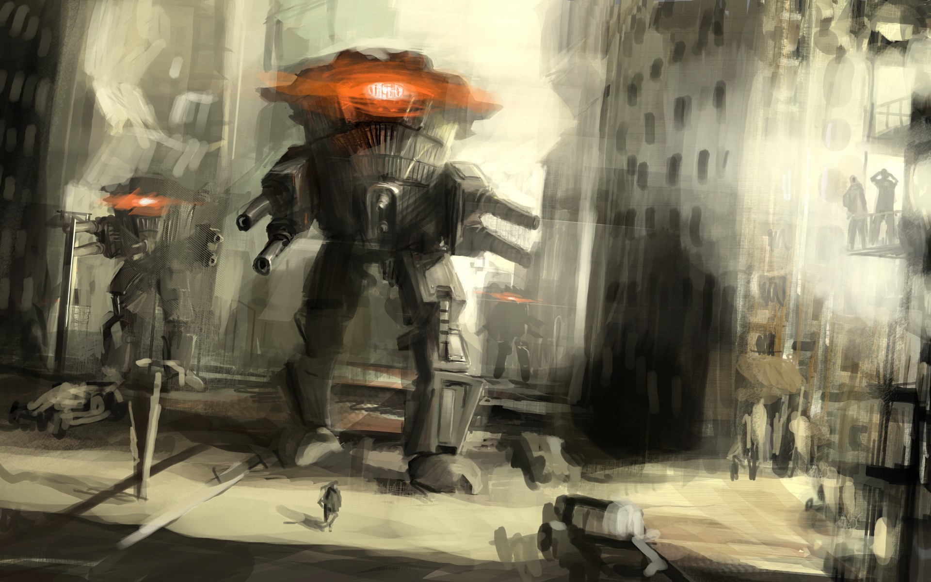 Giant robots with glowing red eyes in a city HD Wallpaper