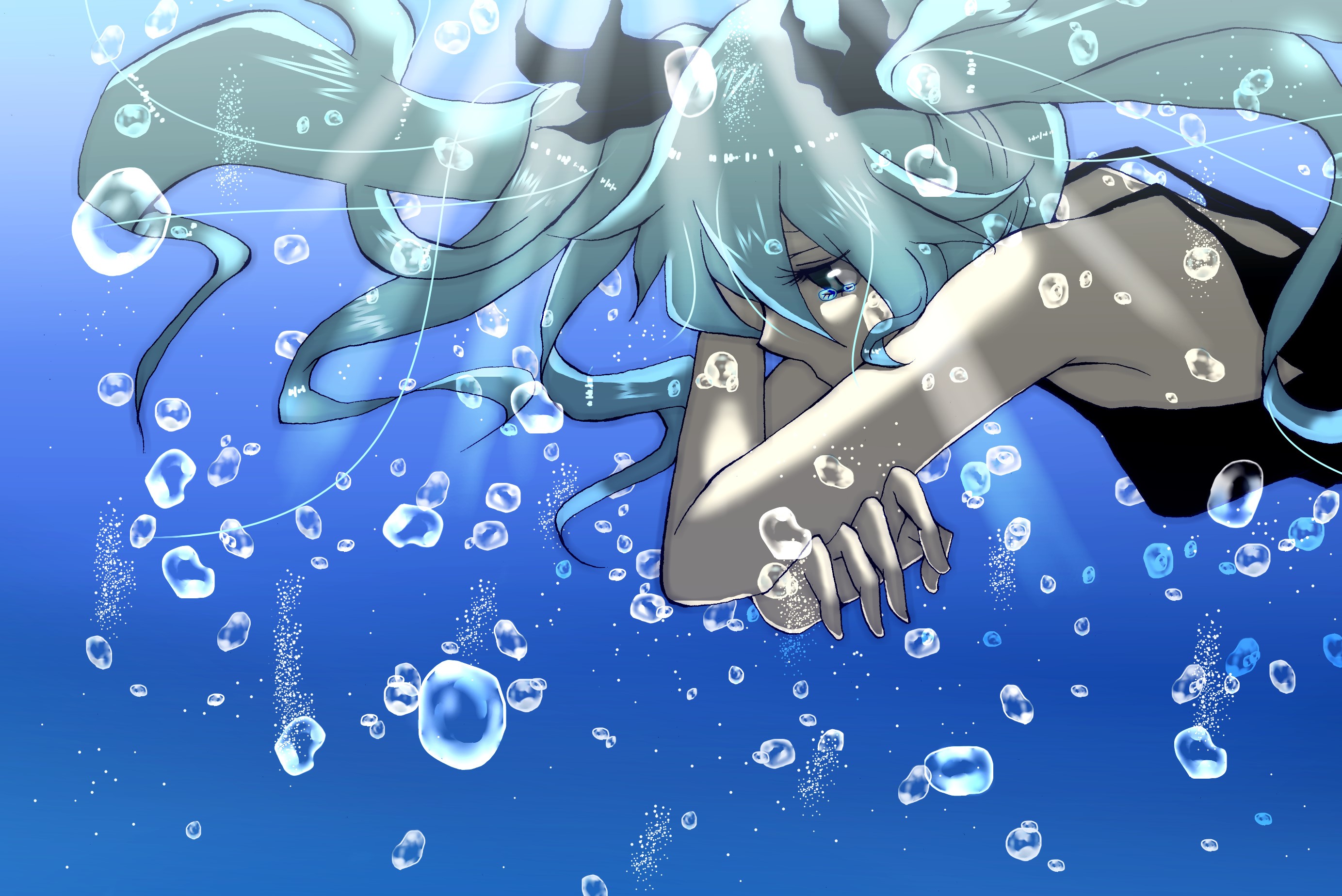 Hatsune Miku underwater with bubbles HD Wallpaper
