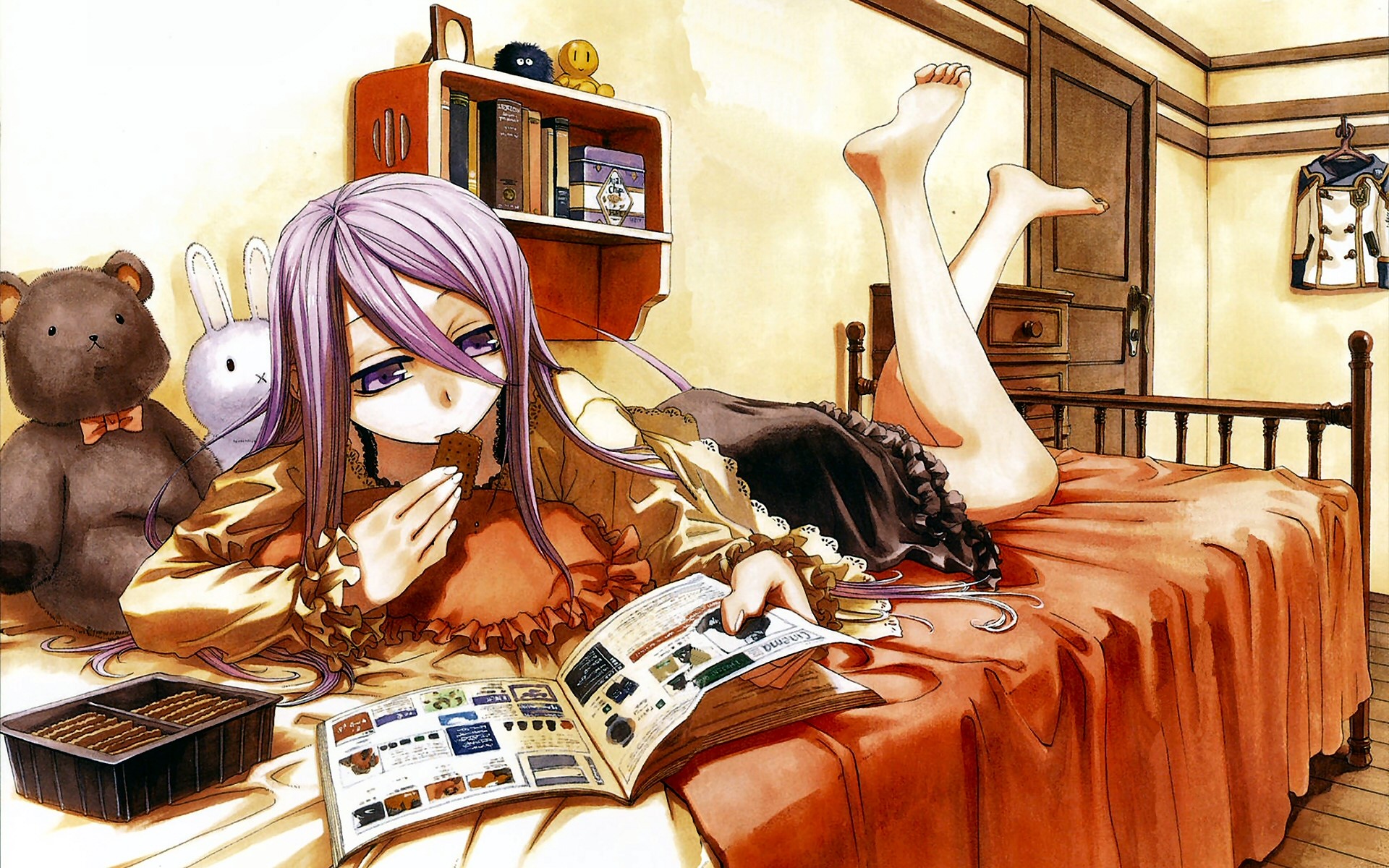 Girl eating chocolate in bed with books HD Wallpaper
