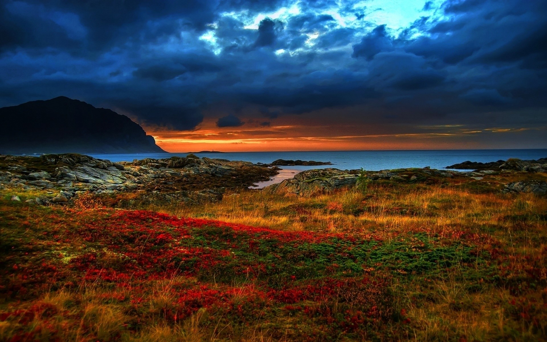 Dramatic sunset over a rocky coastline with colorful foliage HD Wallpaper