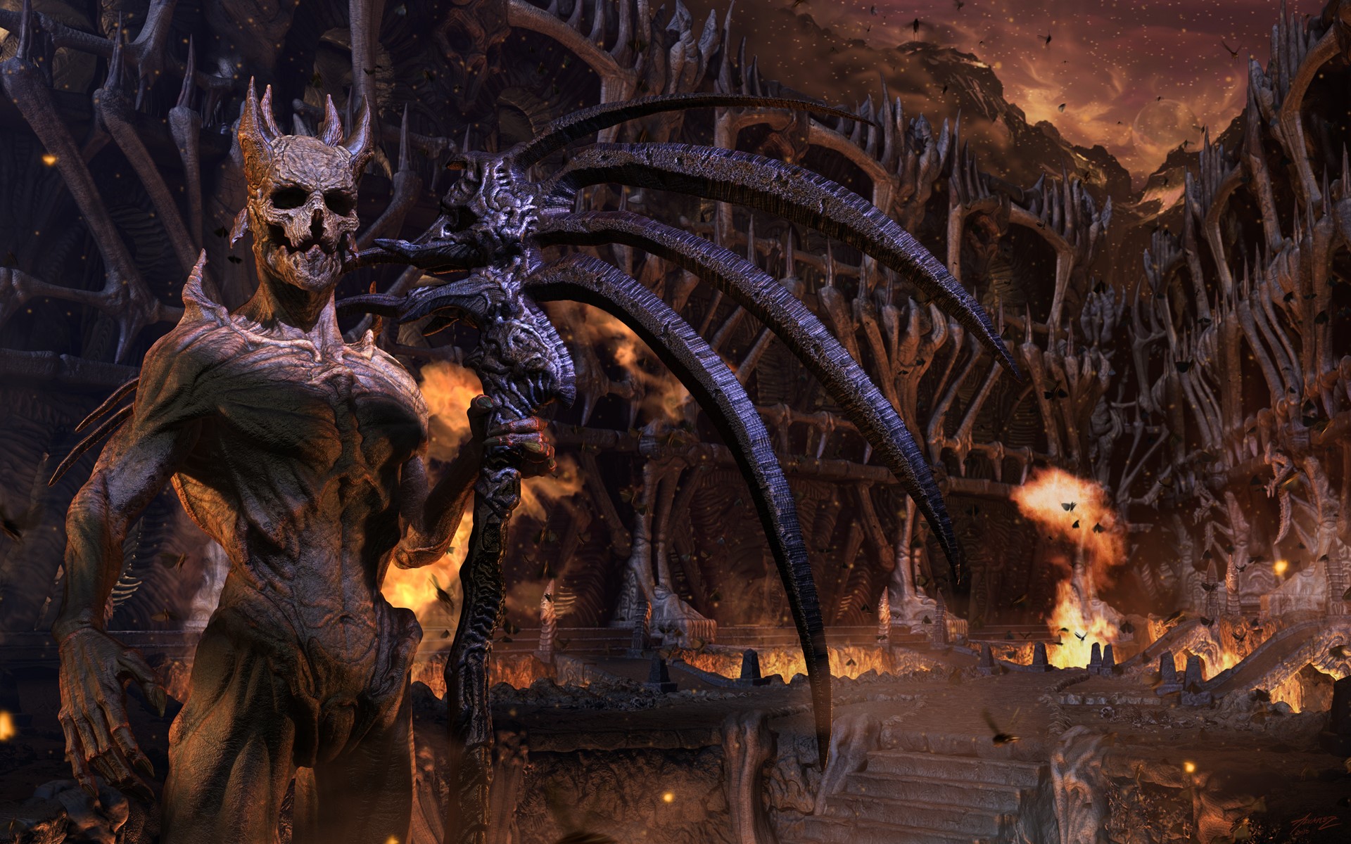 Demonic figure holding a scythe in a fiery, gothic landscape HD Wallpaper