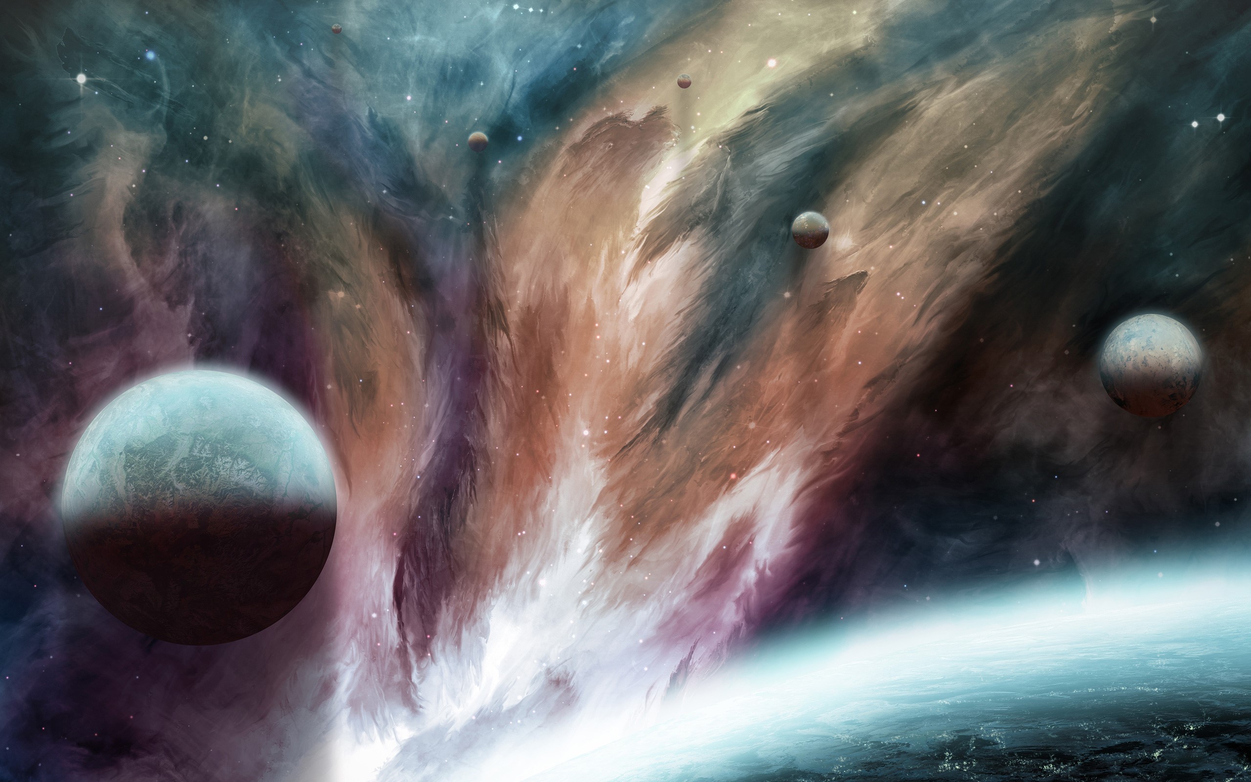 Planets in a colorful nebula HD Wallpaper