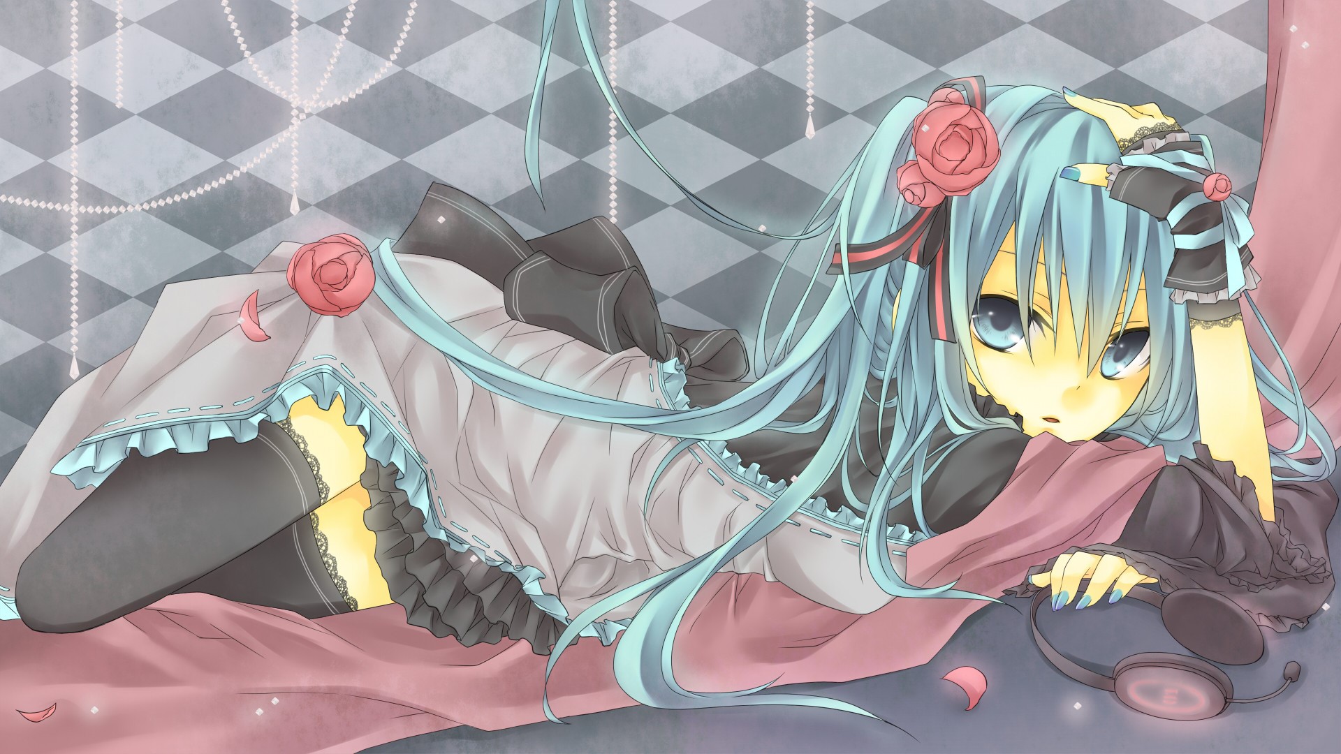 Hatsune Miku from Vocaloid lying down HD Wallpaper