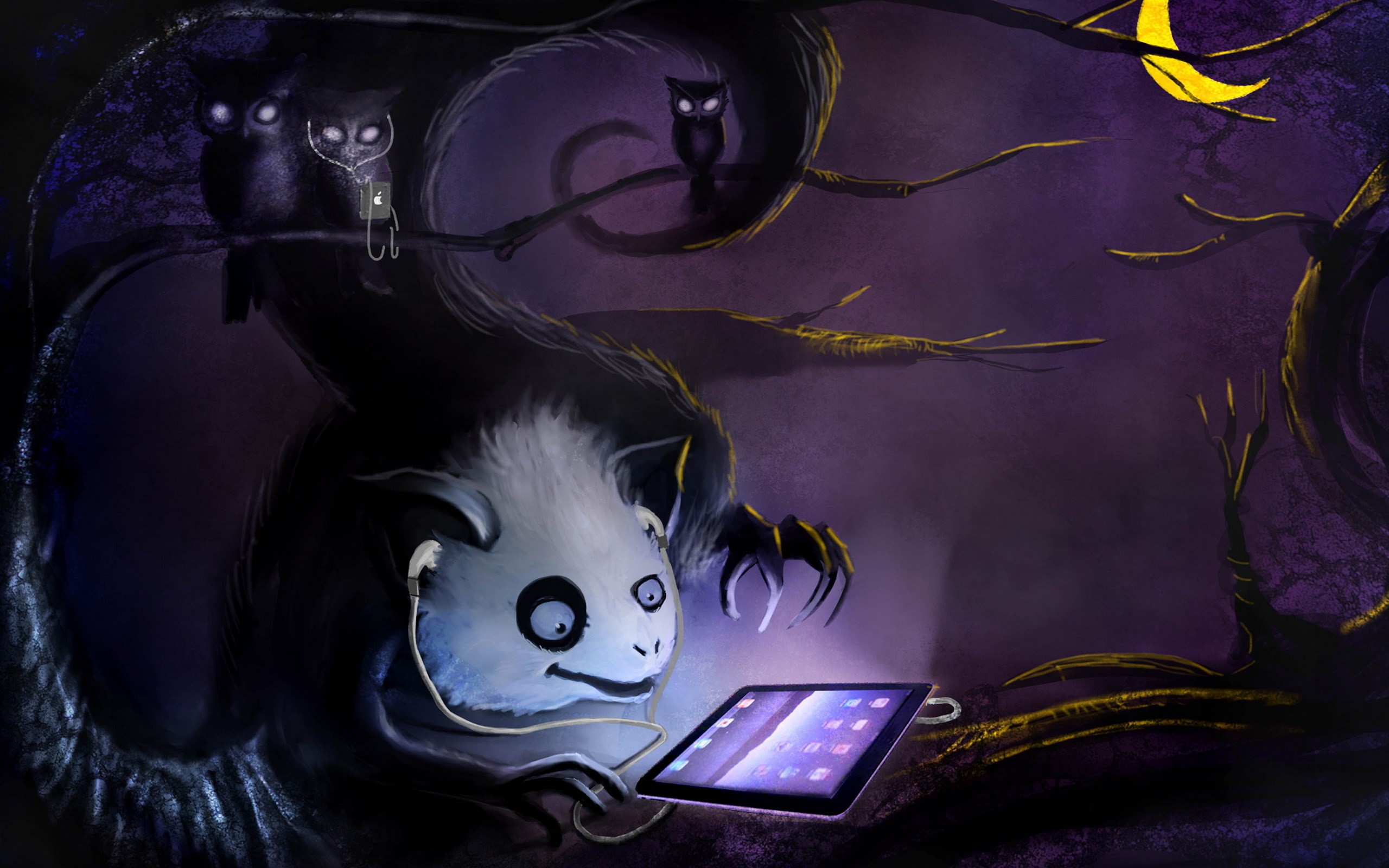 Creature and owls listening to music on Apple devices HD Wallpaper