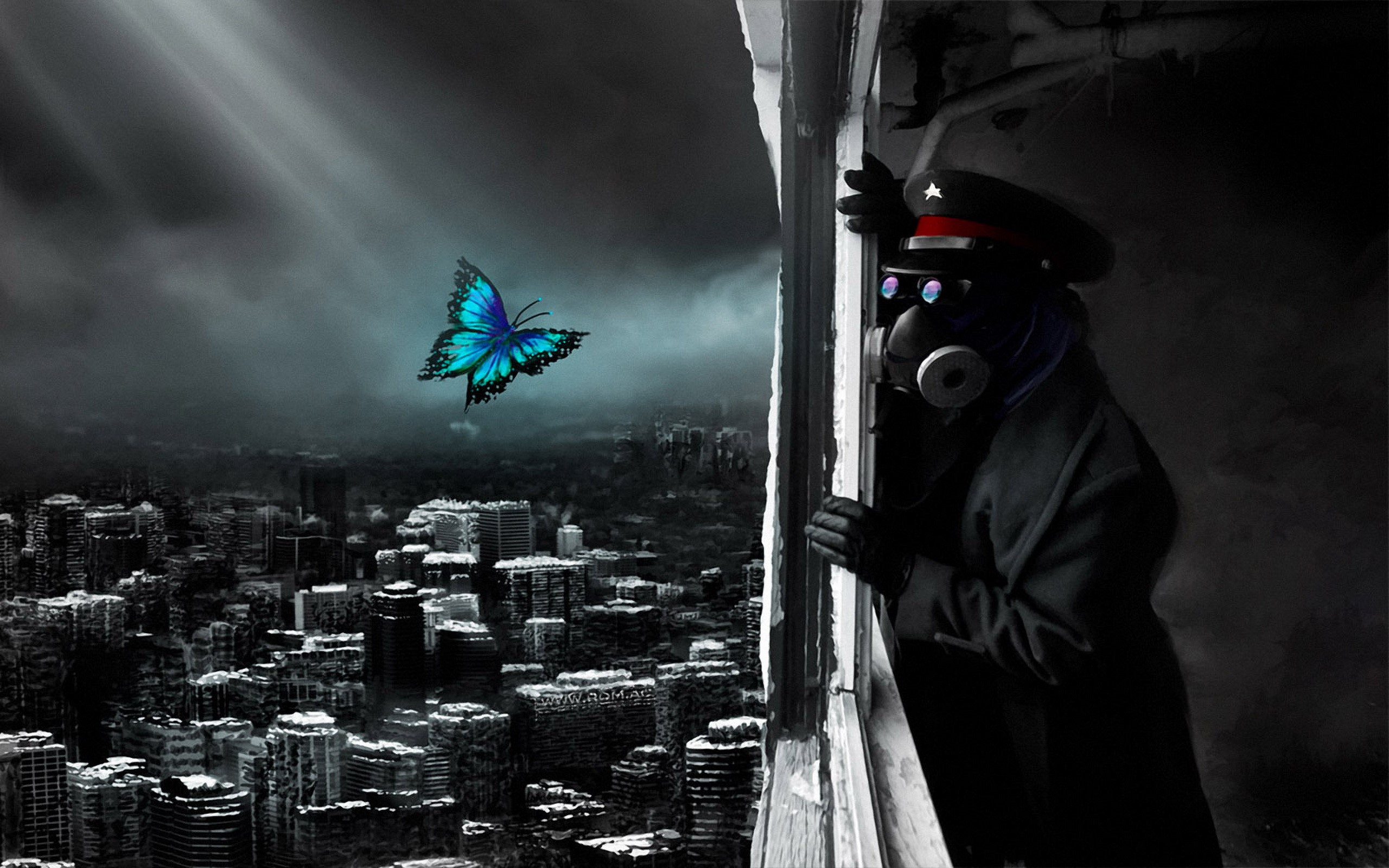Romantically Apocalyptic character in gas mask looking at butterfly over city HD Wallpaper