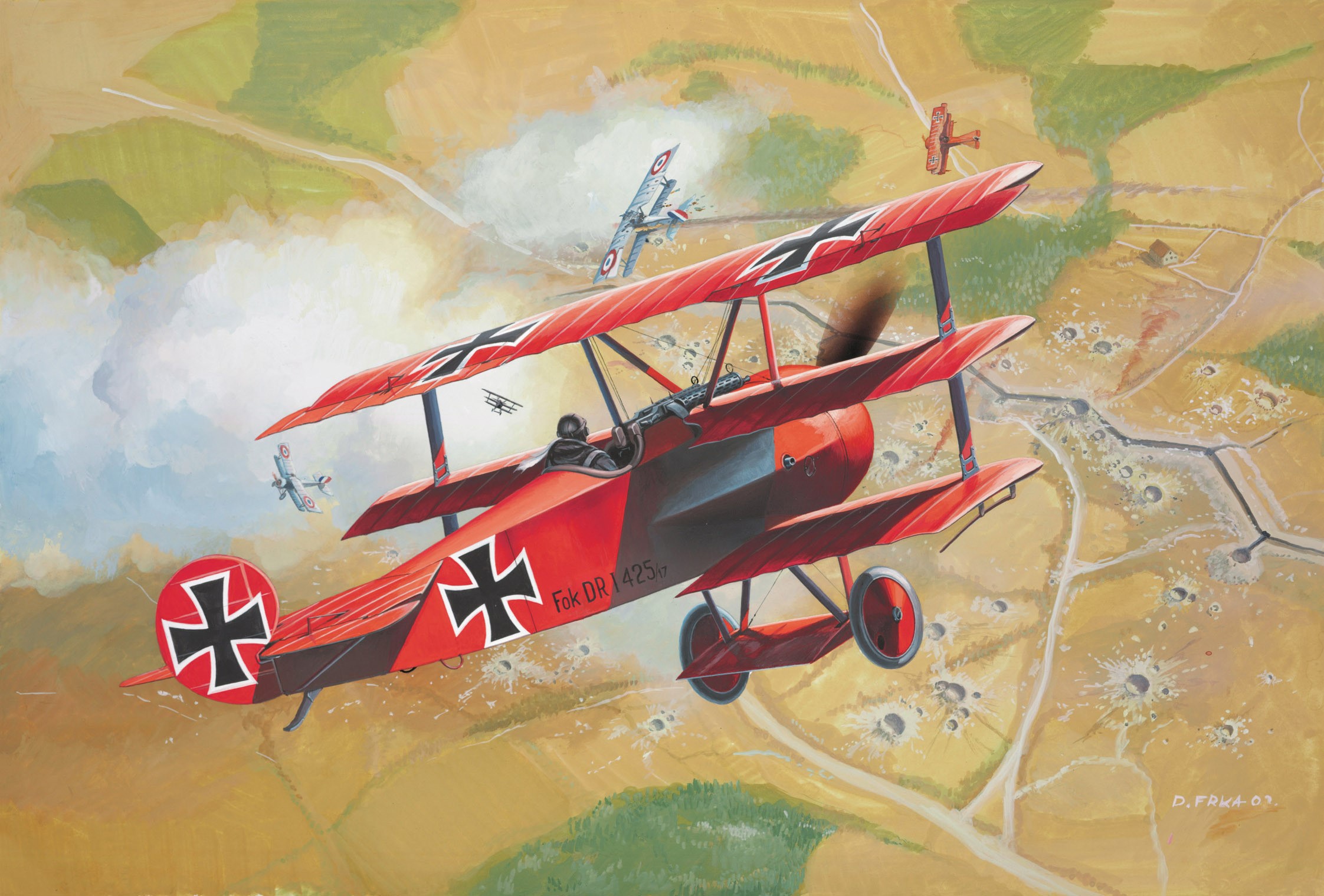 Red Triplane Dogfight Over WWI Battlefield HD Wallpaper