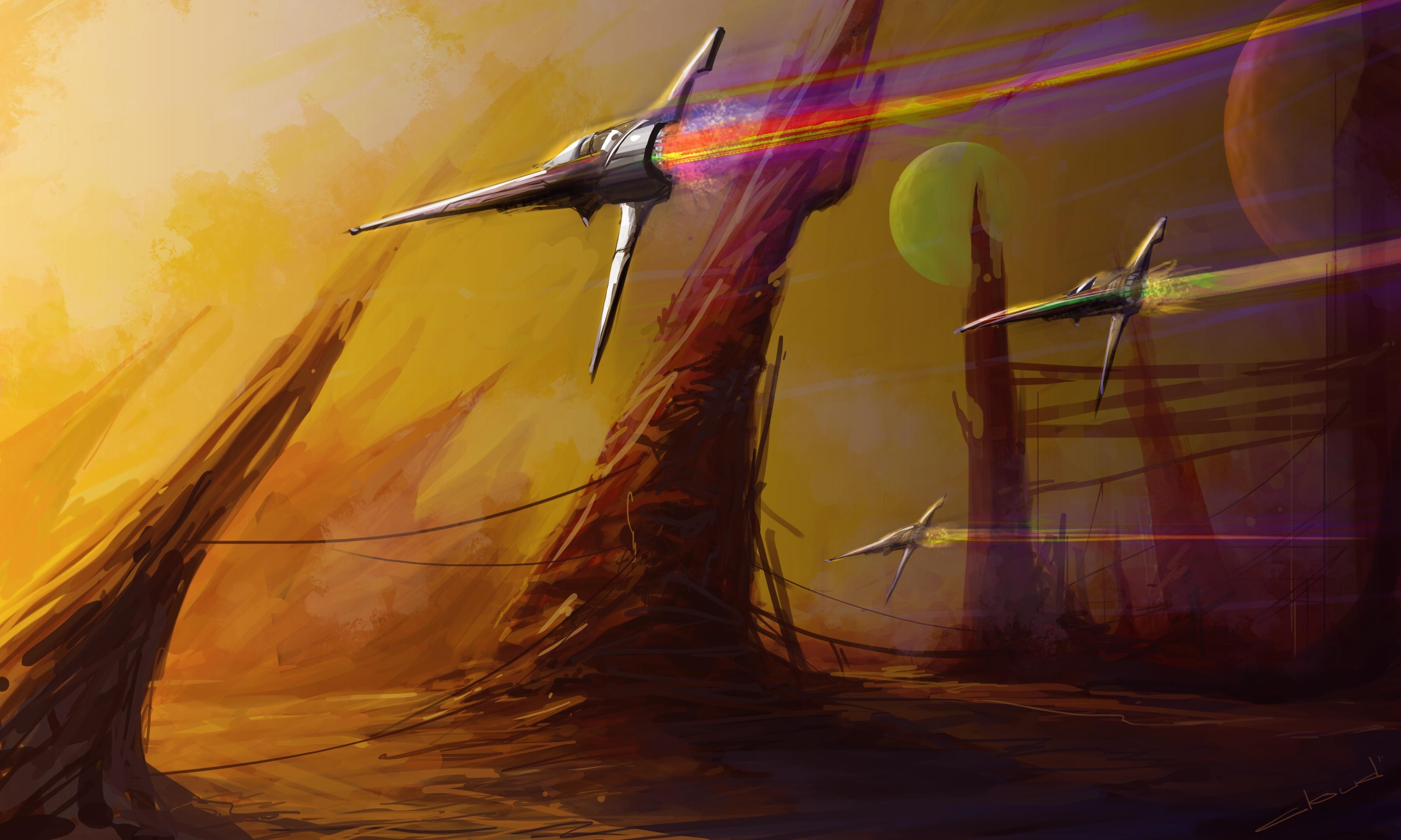 Spaceships flying through alien landscape HD Wallpaper