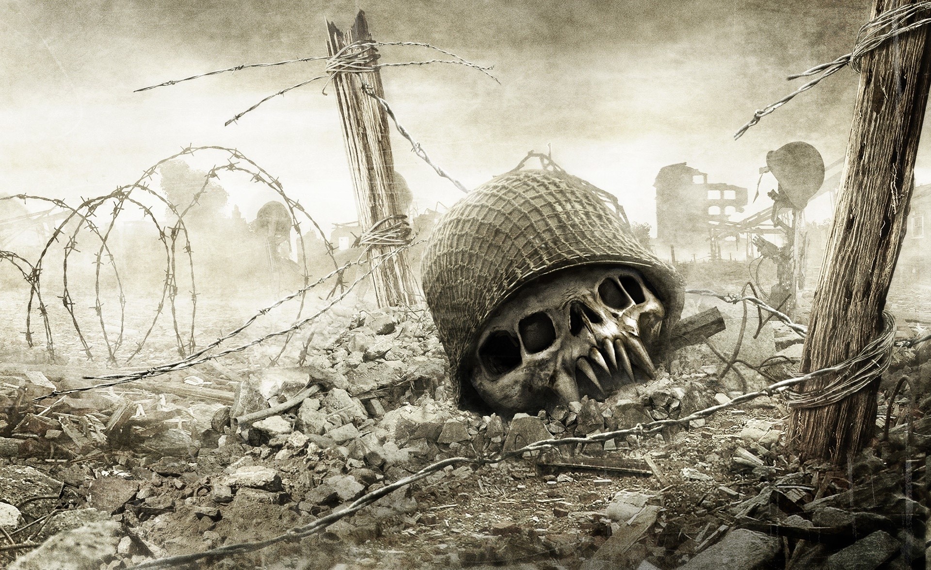 Skull in Helmet on Barbed Wire Battlefield HD Wallpaper