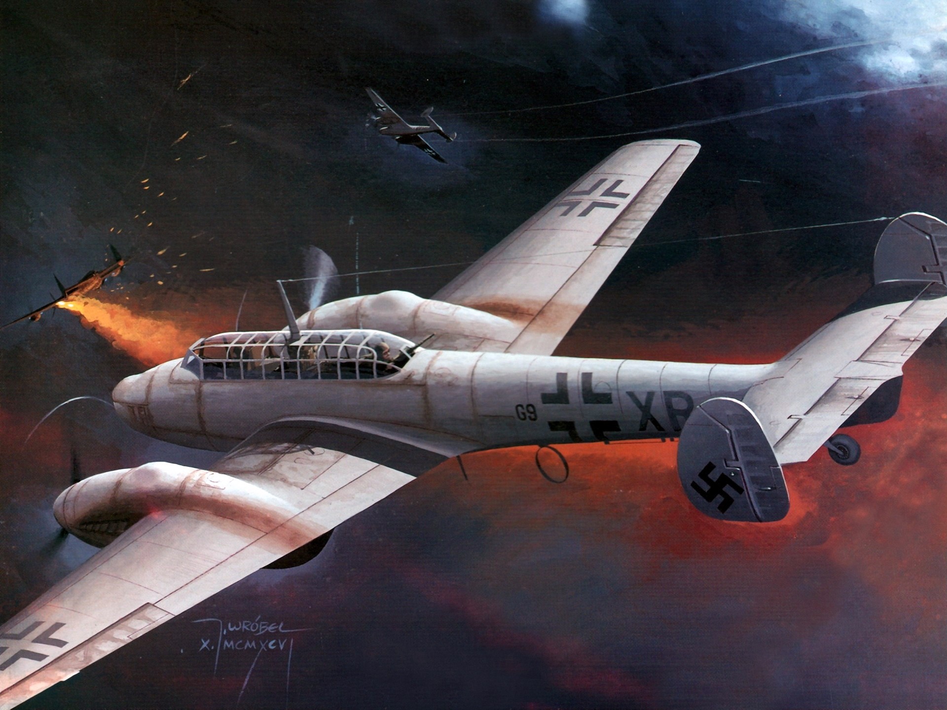 WWII German Aircraft in Aerial Combat Painting HD Wallpaper