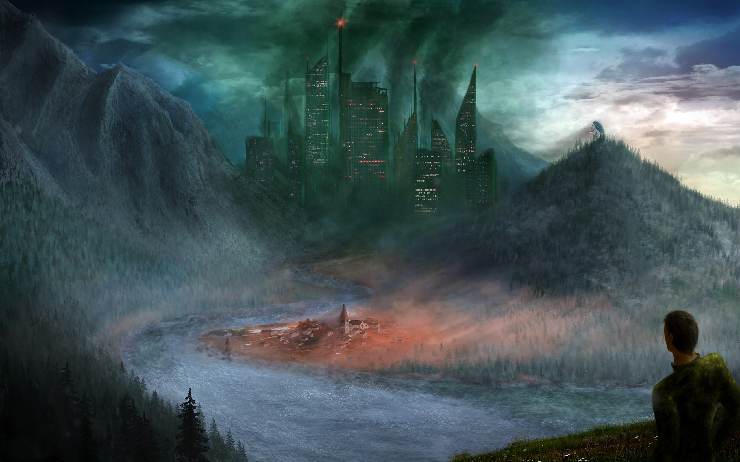 Futuristic city in a misty mountain valley HD Wallpaper