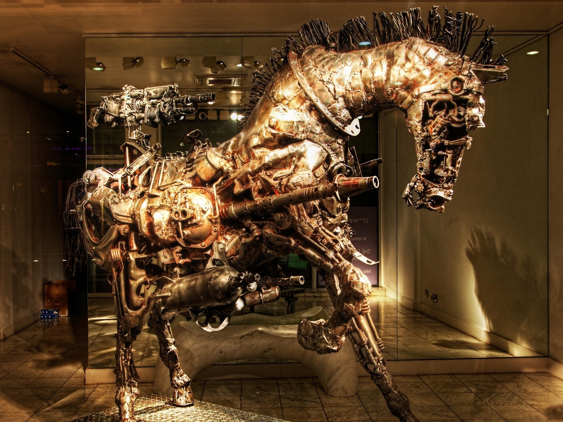 Steampunk metal horse sculpture with weapons HD Wallpaper