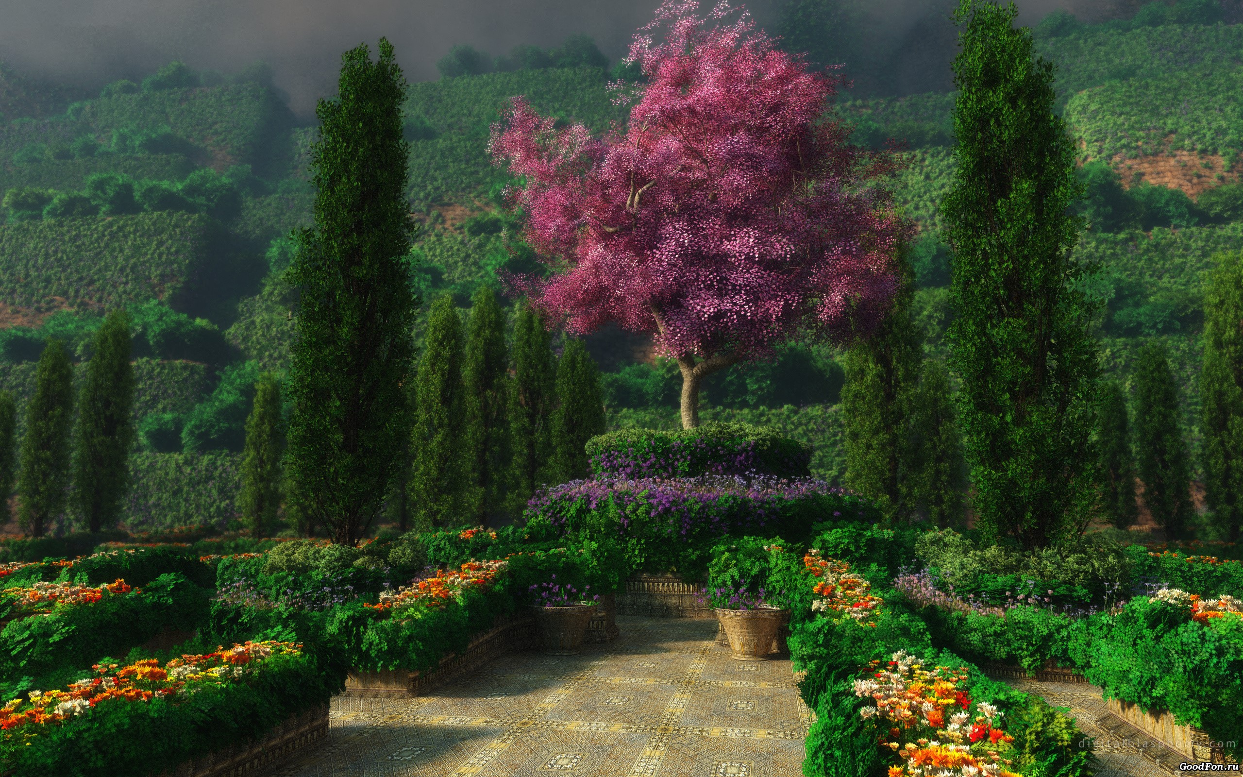 Beautiful garden with blooming trees and flowers HD Wallpaper